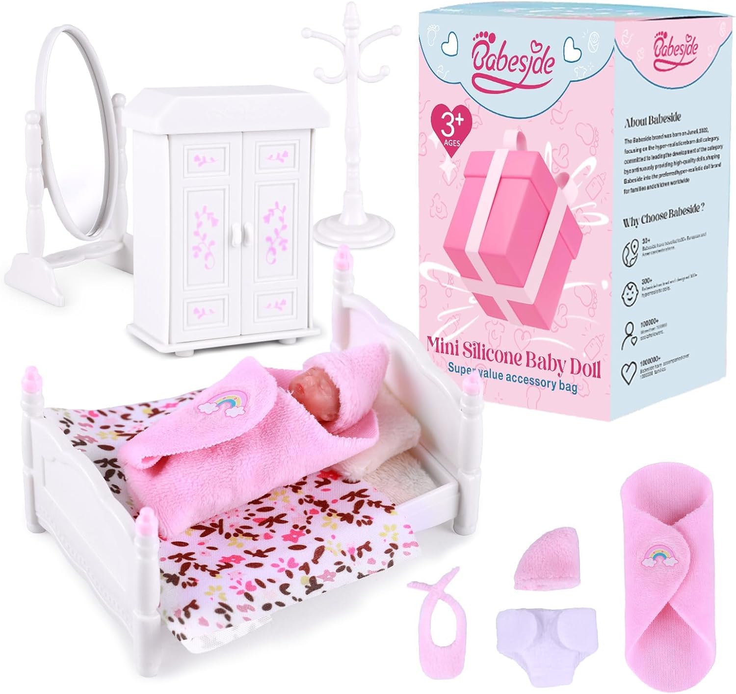 BABESIDE Mini Silicone Reborn Baby Dolls - 3 Inches Adorable Sleeping Newborn Baby Doll, Realistic Miniature Reborn Baby with Furniture Accessories and Bibs, Hats for Kids Aged 3+ (Pink)