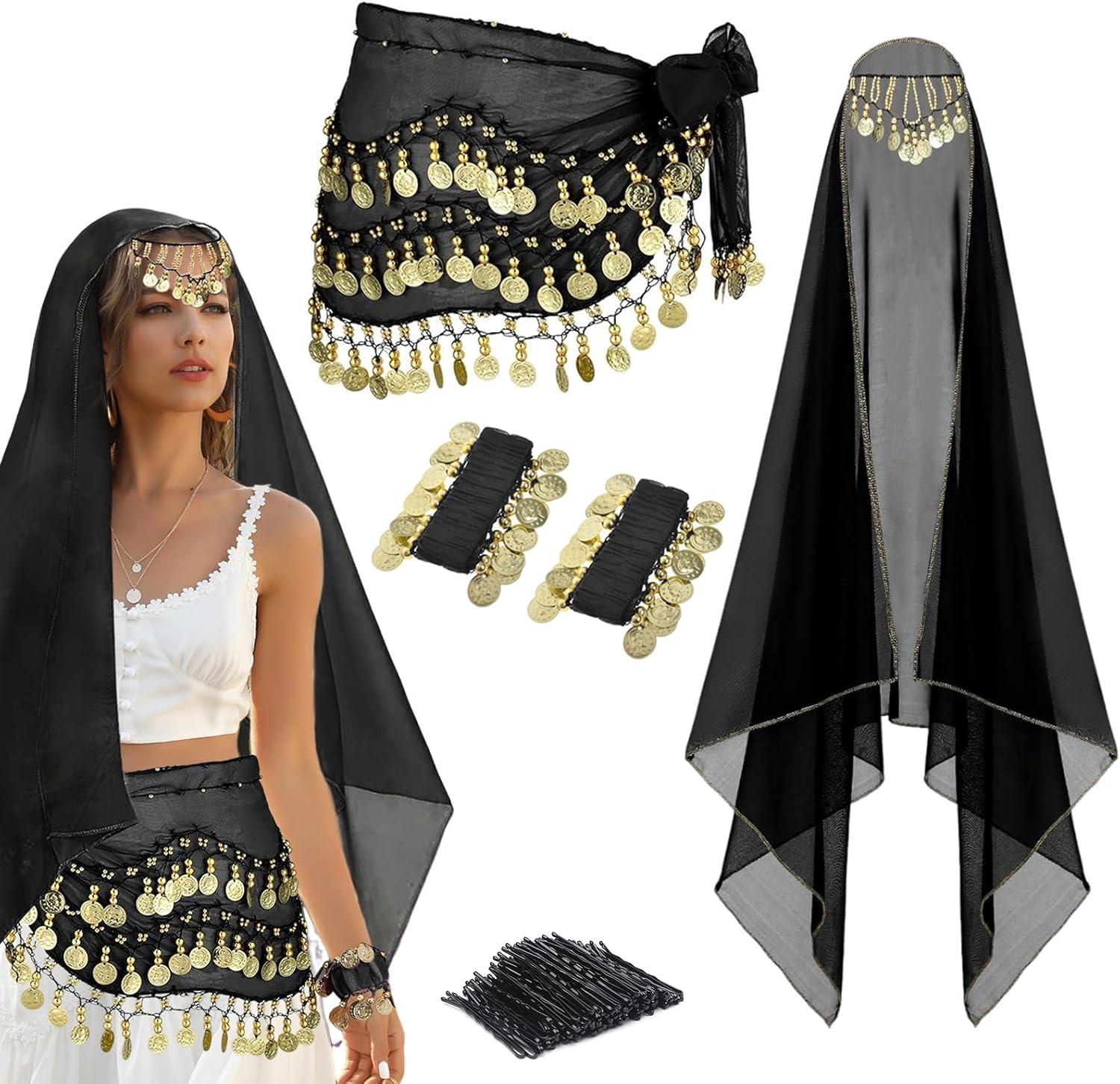 4 Pcs Belly Dance Outfit Sets Belly Dance Chiffon Hip Scarf, Head Scarf with Gold Coins 2 Coin Wrist Bracelet 50 Bobby Pins