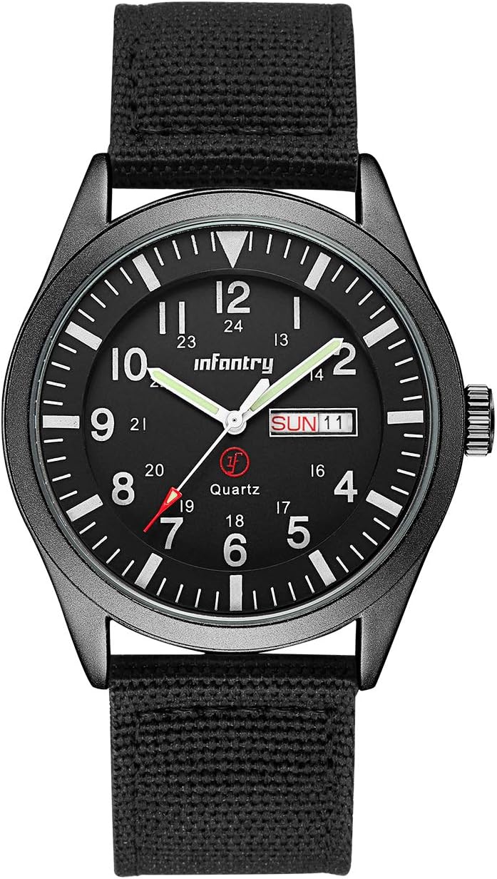 Infantry Military Watches for Men, Mens Field Wrist Watch for Tactical Outdoor Sport, Army Work Analogue Wristwatch, Date Day Display, 50M Waterproof, Black Nylon Strap