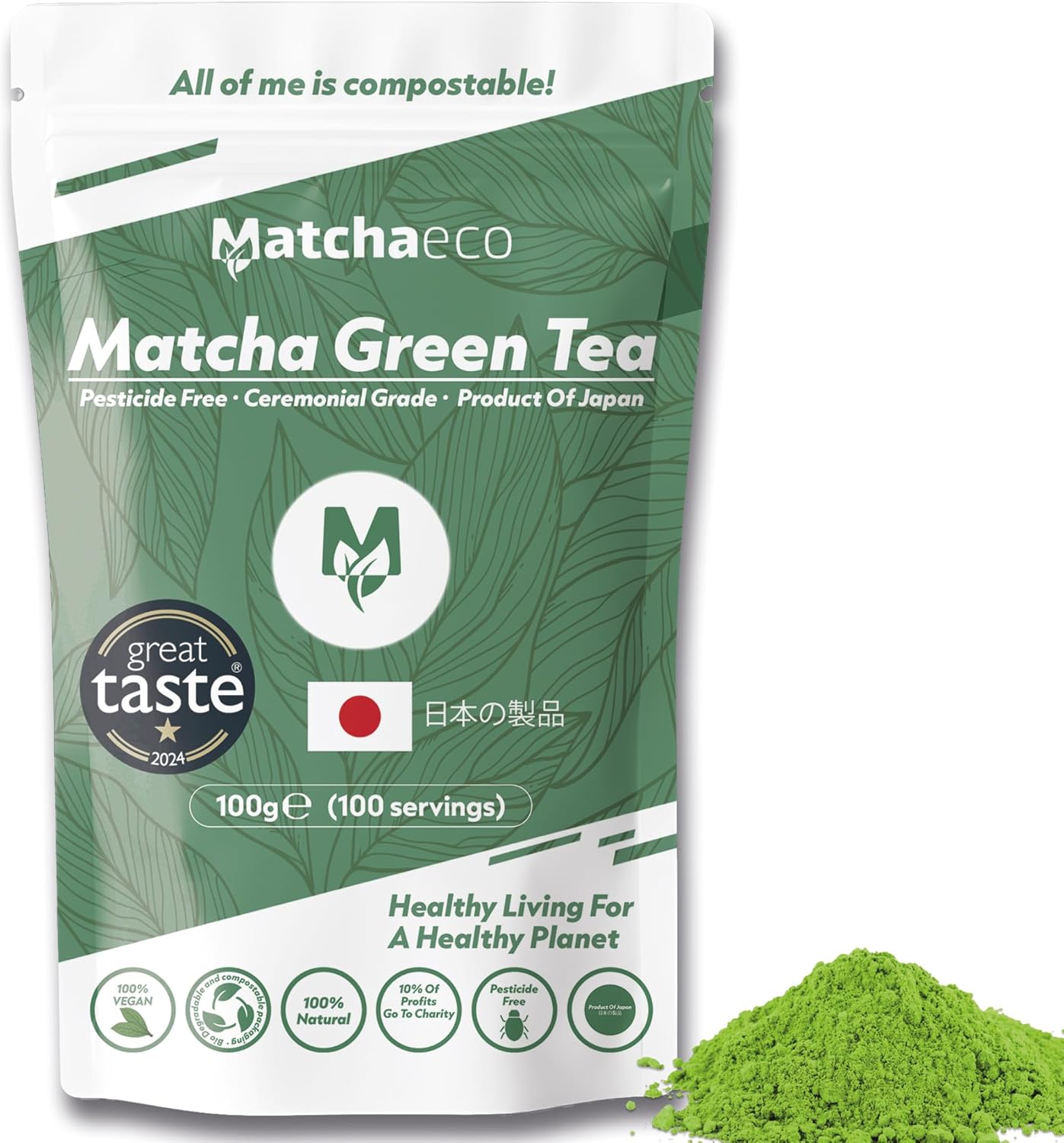 Matchaeco Japanese Matcha Green Tea Powder 100g | Ceremonial Grade | Pesticide-Free | Eco-Friendly Refill Pouch | Traditional Stone-Ground Matcha | Natural Energy & Antioxidants | Vegan (100g)