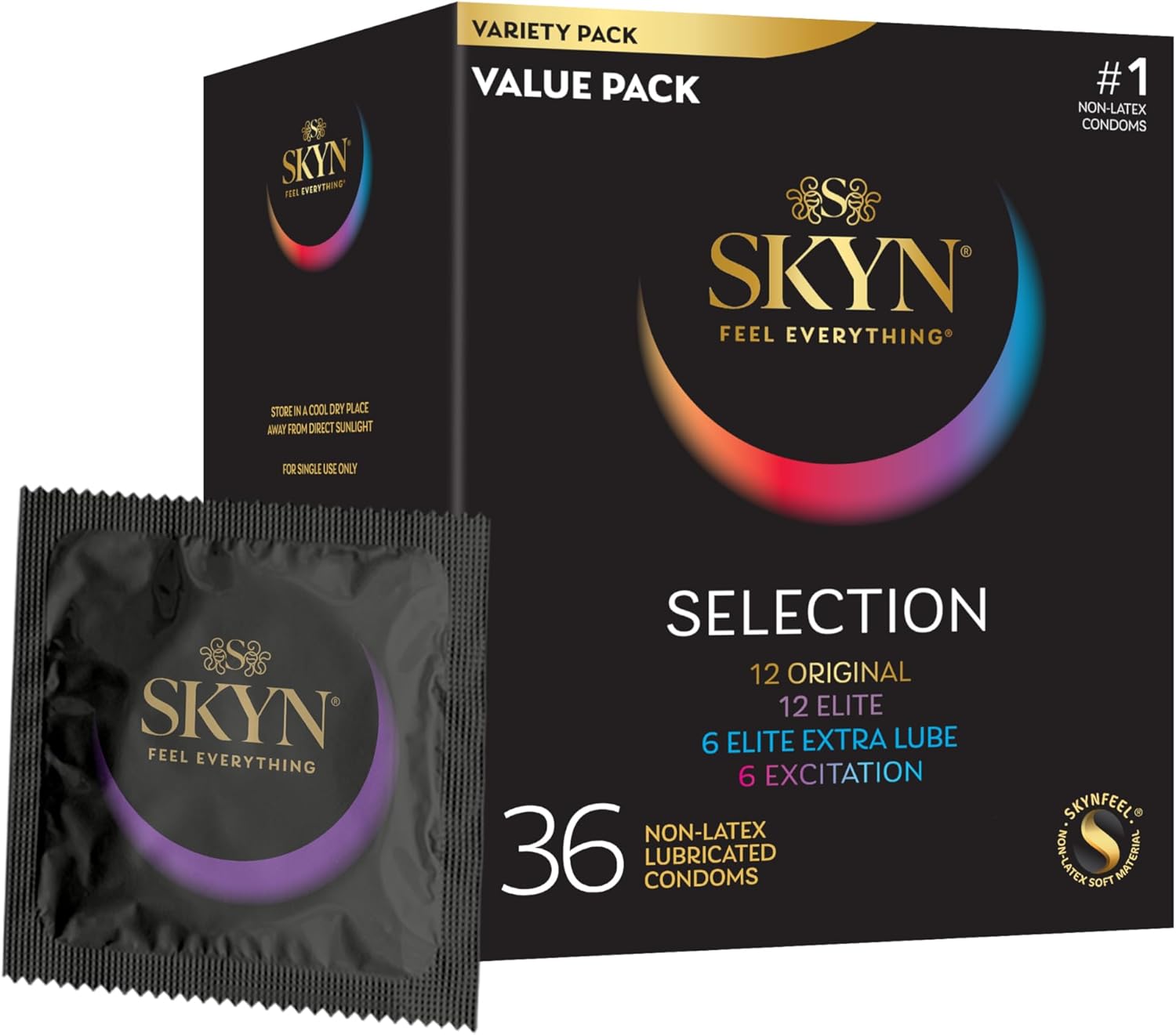 SKYN Selection Non-Latex Condoms, Regular Fit Variety Pack Contains SKYN Elite, Original, Excitation, Extra Lube, Condoms, 36 Count