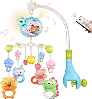 Crib Mobile with Music and Lights, Baby Mobiles for Cribs, Nursery Musical Mobile for Bassinets Toys Hanging Girls Boys, Pack and Play Space Portable Animal Mobile Hanger Arm Clip On Attachment