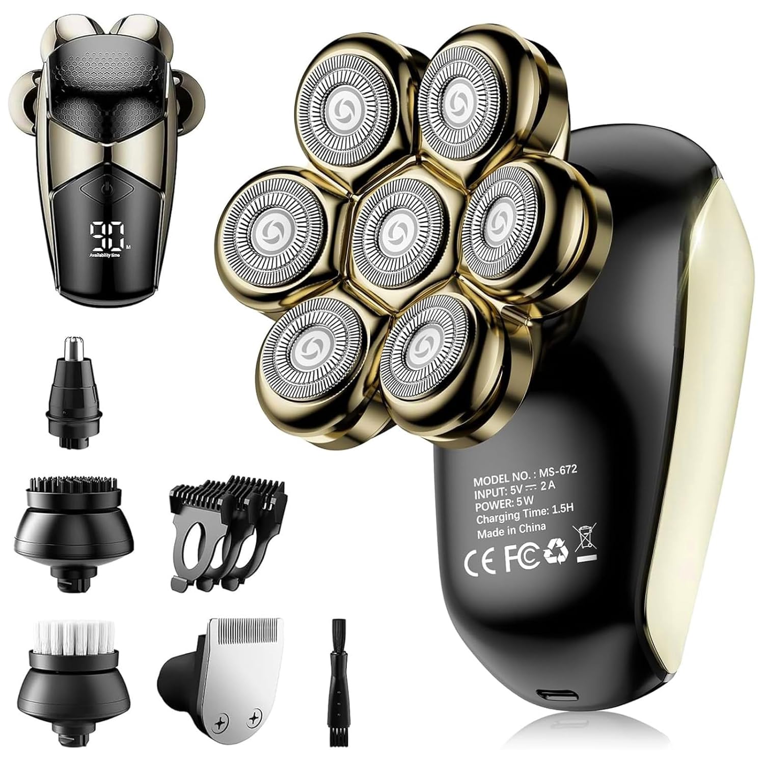 Detachable Head Shavers, SHPAVVER 5 in 1 Electric Razor IPX7 Waterproof for Bald Men, Wet Dry LED Display Rechargeable 7D Rotary Shaver Grooming Kit Type C Charge A