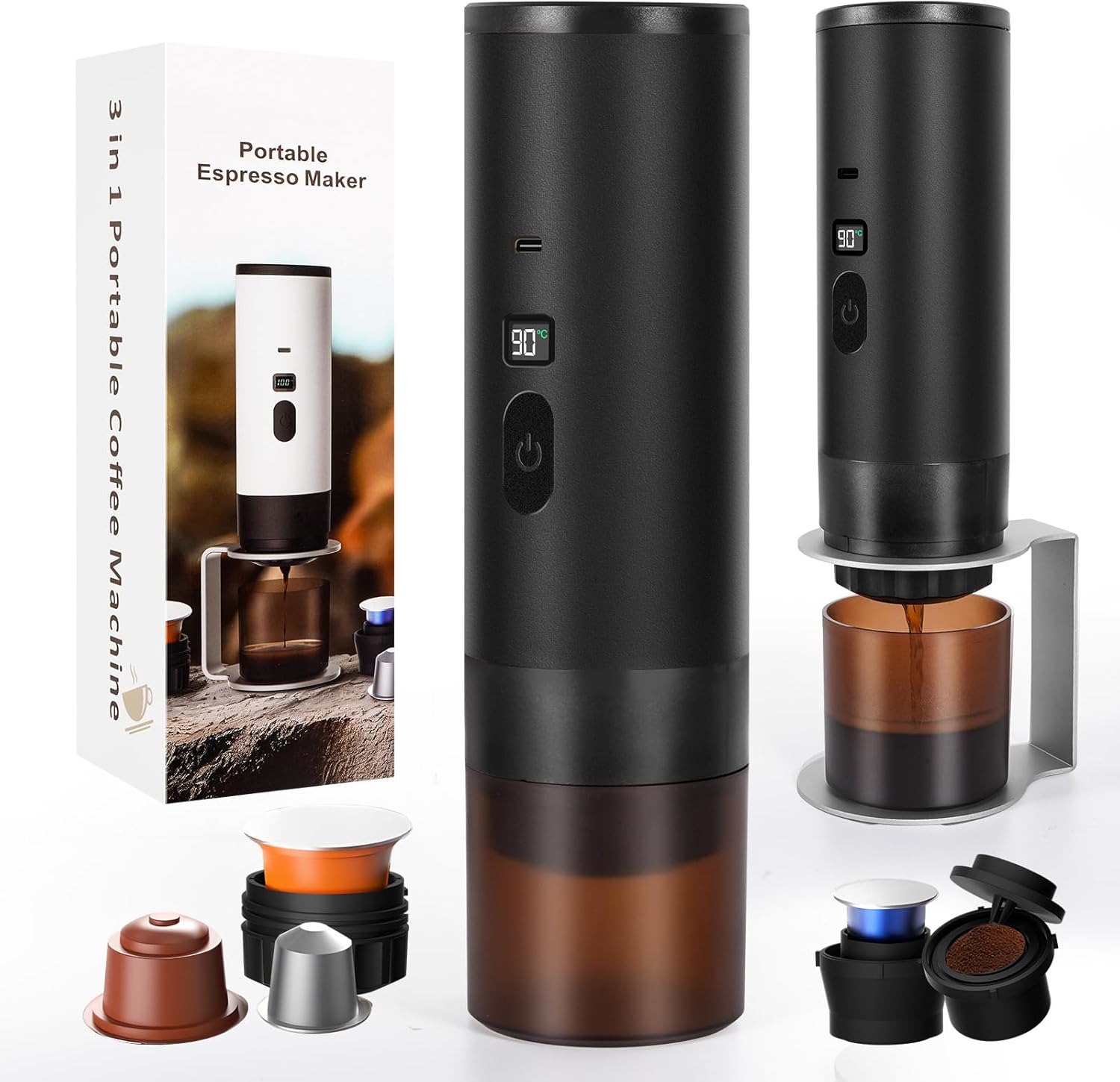 SOPPY Portable Coffee Machine with Coffee Drip Stand, Espresso Machine, Camping Mini Coffee Machine, Capsule Machine, Self-Heating, Compatible with Ground Coffee & Coffee Capsules, Black