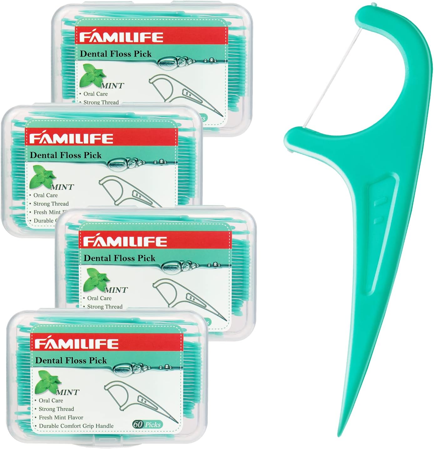 FAMILIFE Floss Picks, 240 Count Mint Dental Floss Picks, Tooth Picks Flossers with 4 Travel Handy Cases, Helps to Fight Tooth Decay and Keep Your Teeth Clean, Floss Sticks for Family
