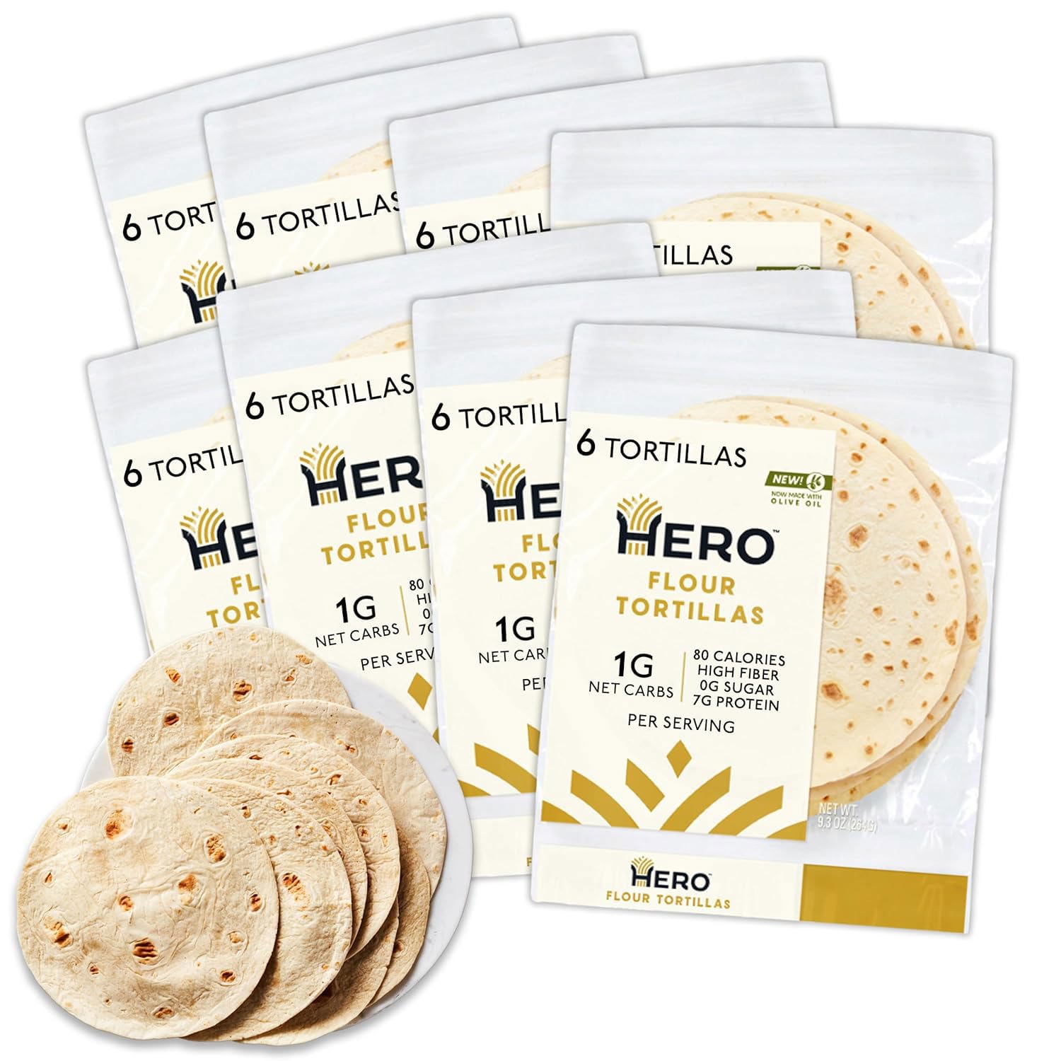 Hero Flour Tortilla Wraps - Soft Net Low Carb Tortillas | High Fiber, 1g Net Carbs & 80 Calories Per Serving (48 Tortillas, 8 Packs of 6)