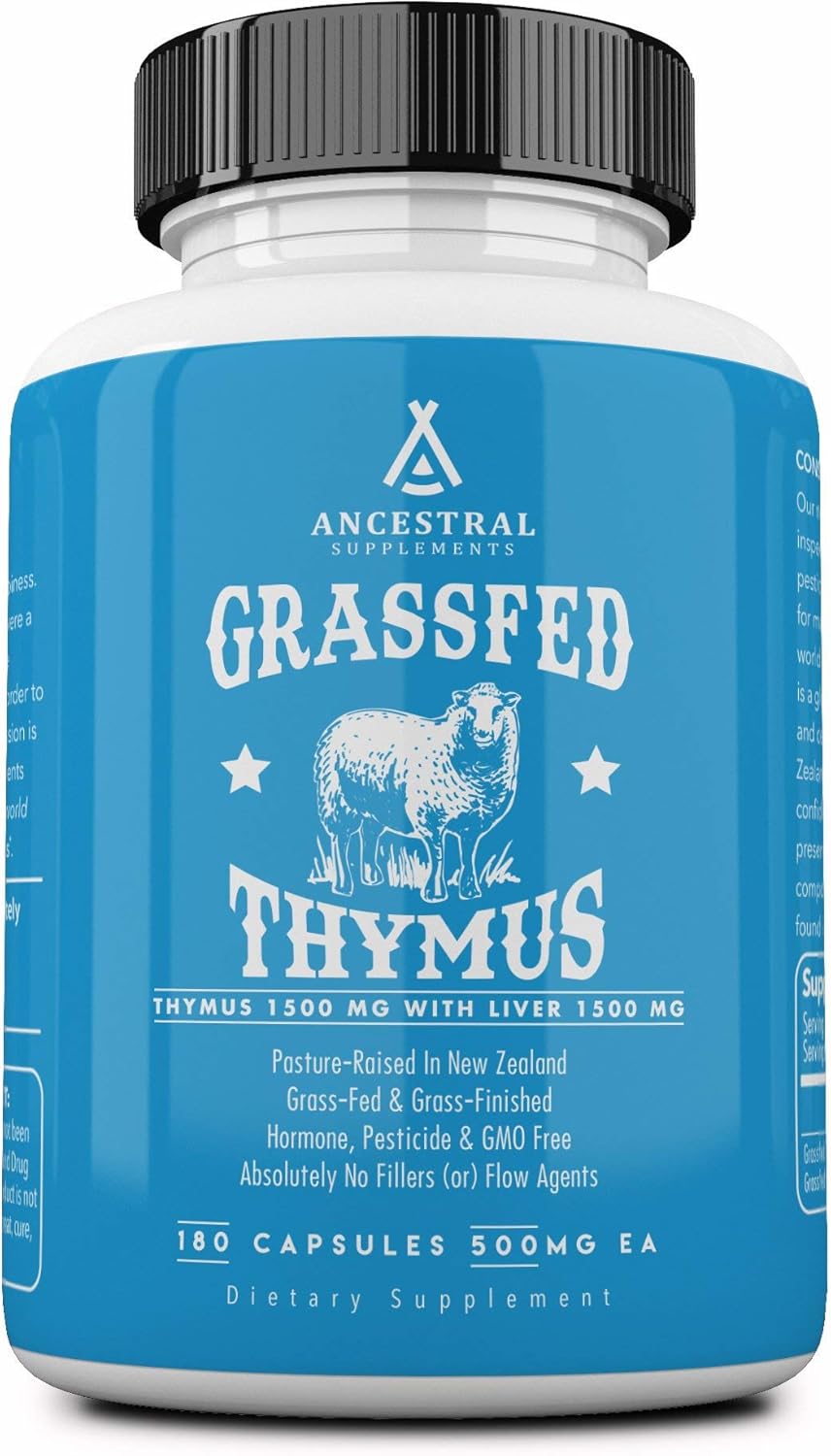 Ancestral Supplements Grass Fed Ovine (Sheep) Thymus Glandular Extract, 3000mg, Histamine, Energy, Allergy and Immune Support Supplement with Grass Fed Beef Liver, Non GMO, 180 Capsules