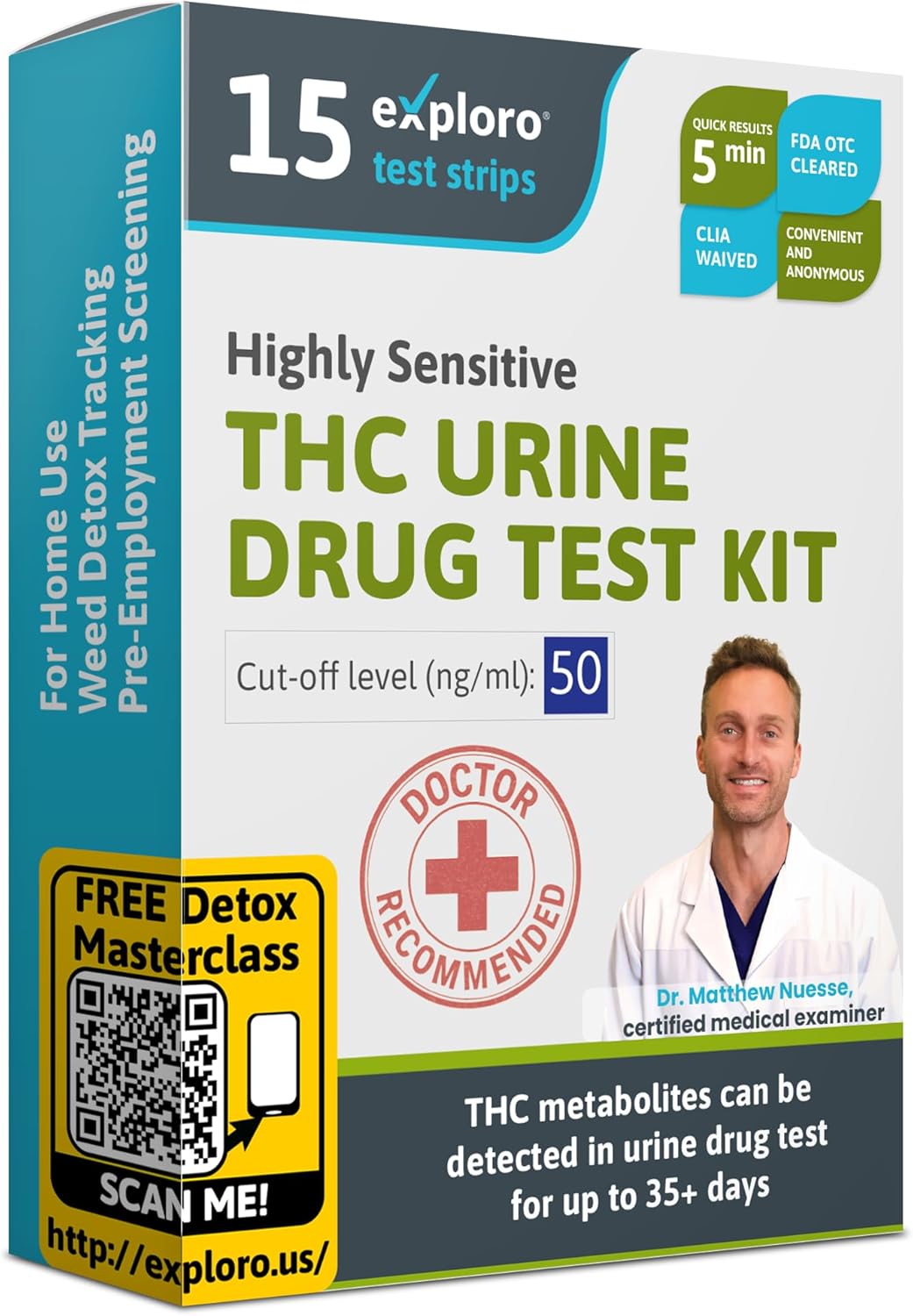 Exploro Highly Sensitive at Home Marijuana Drug Test Kit, THC Drug Test Kit Marijuana/Weed, THC Drug Test Urine, Easy Home Drug Test Marijuana/THC Substance Abuse, 15 THC Test Strips/Sticks, 50 ng/ml