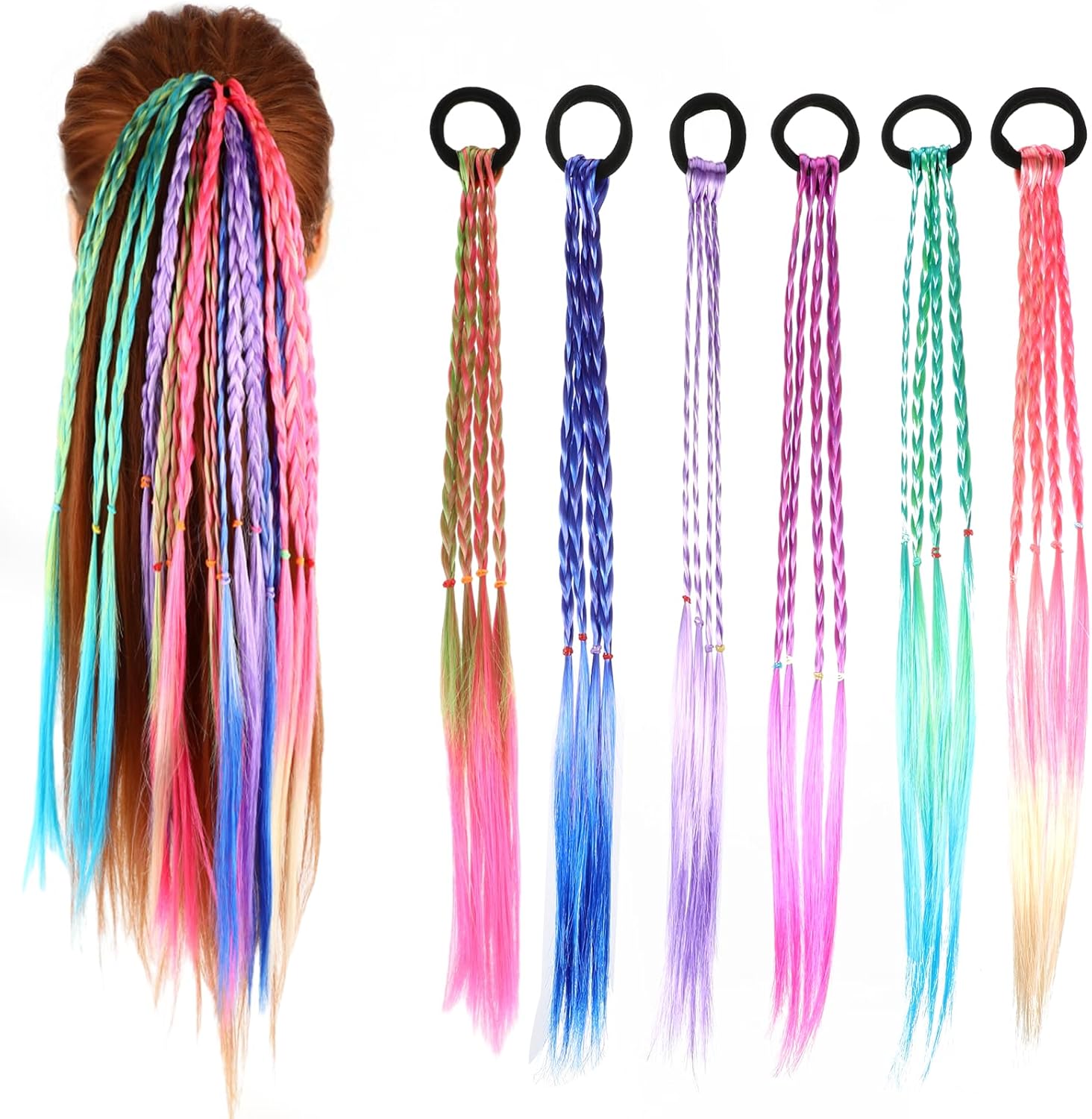 6 Pcs Braids Hair Extensions Colorful Wig Braid Rubber Bands Braided Rainbow Hair Rope Styling Ponytail Holders Hairpieces Cosplay Accessories for Dress Up Party Women Girls