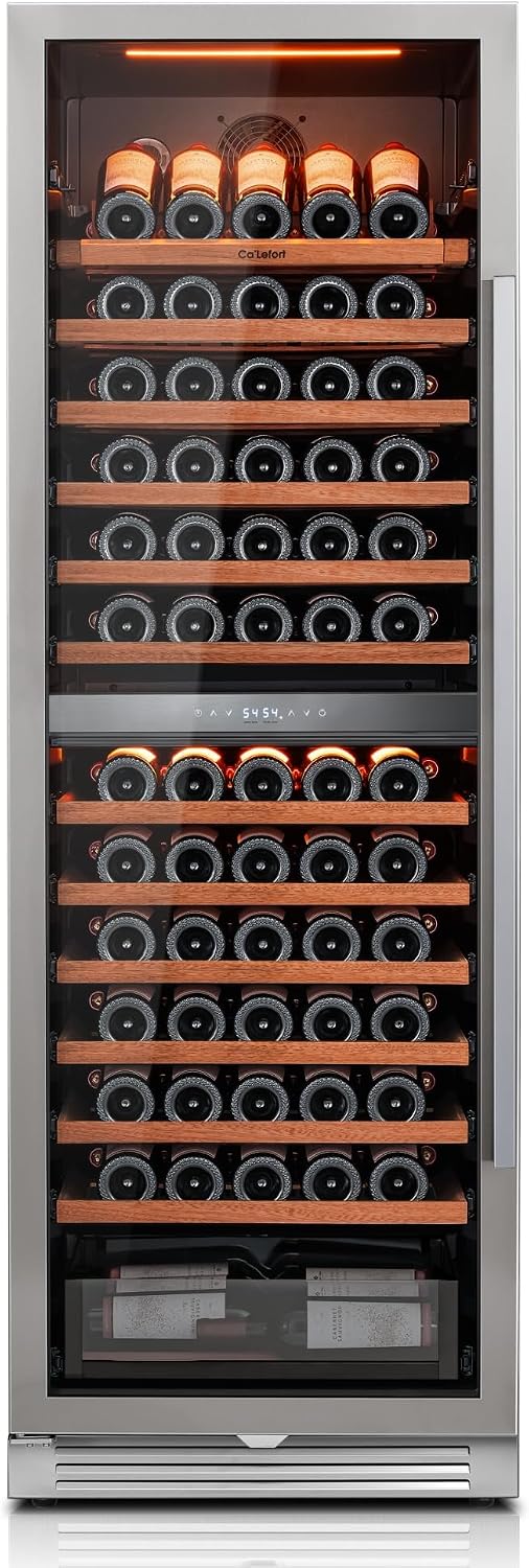 Ca'Lefort 24 Inch 155 Bottles Wine Fridge, Built-In Dual Zone Wine Cooler | 69-Inch Tall Design, 40-65°F Control, Display Shelf, 3-Color LED, Energy Star, Glide-Out Shelves, Storage Drawer for Home