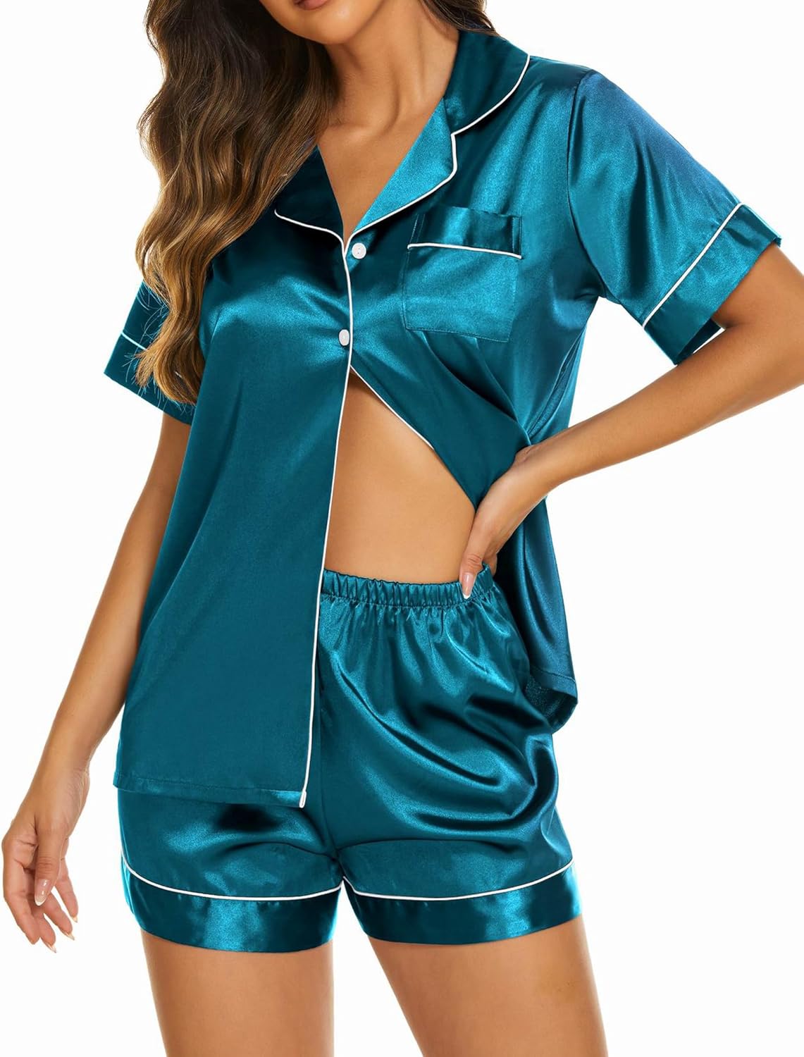Ekouaer Silk Pajama Sets Womens 2 Piece Short Sleeve Sleepwear Soft Button Down Loungewear Satin Pjs Shorts Lounge Set S-XXL