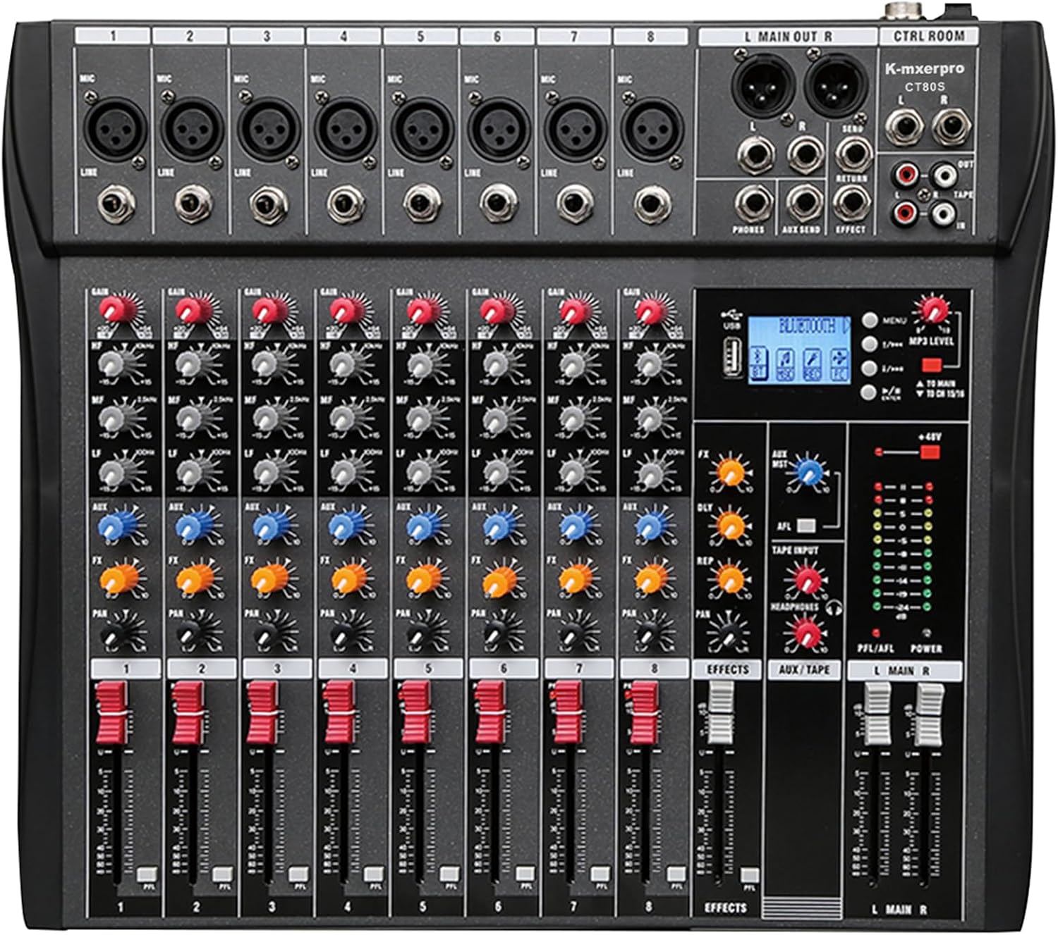 8 Channel Professional Audio Mixer Console Sound Board with 48V Phantom Power,USB Audio Interface for Live Show,Streaming Recording Music Stage Karaoke