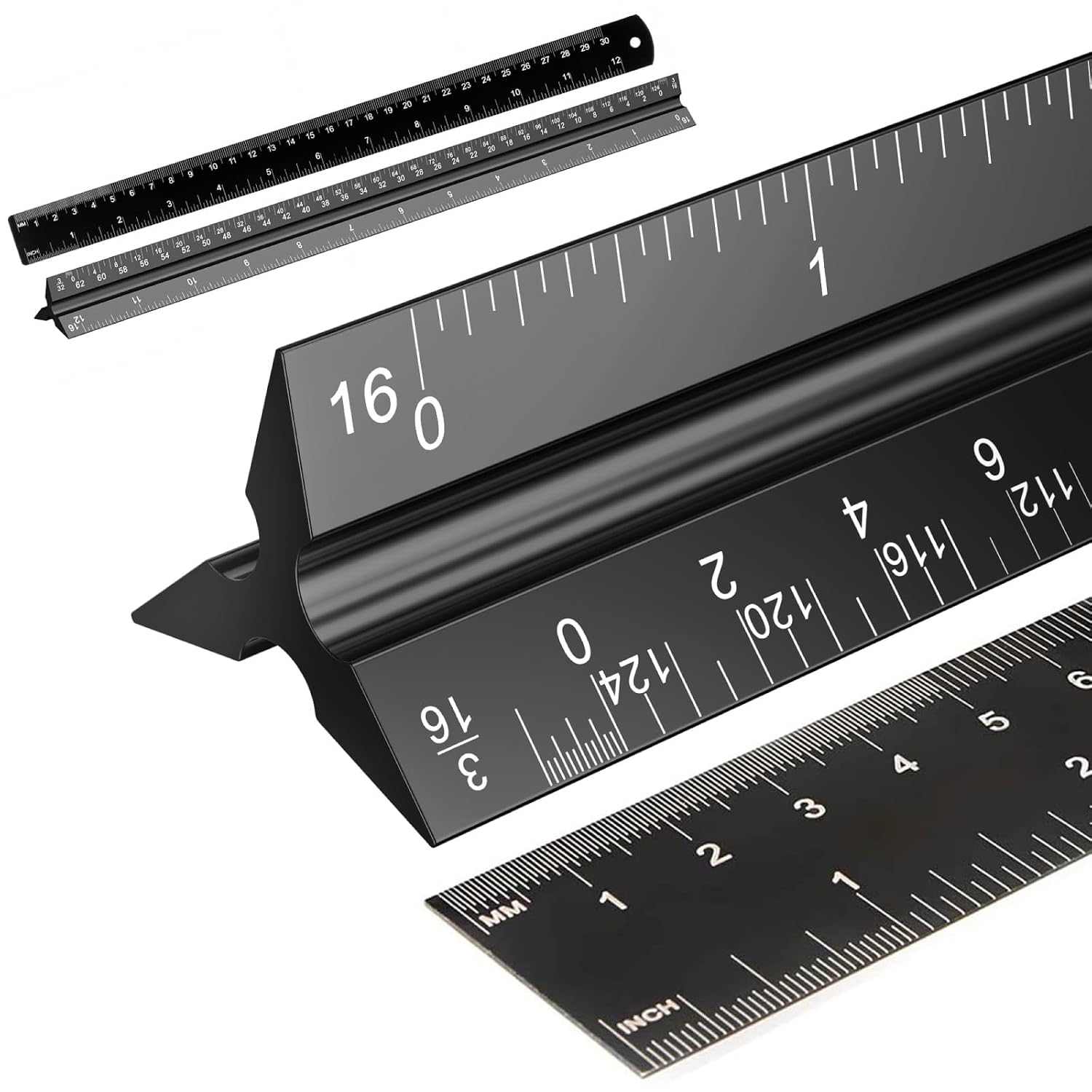 Rena Chris 2Pcs Architectural Scale Ruler, Triangular Scale & Straight Ruler, 12 Inch Aluminum Drafting Ruler Set, Laser Etched, Smooth Non-Sharp Edges, Lightweight, Inch MM Conversion for Architectur