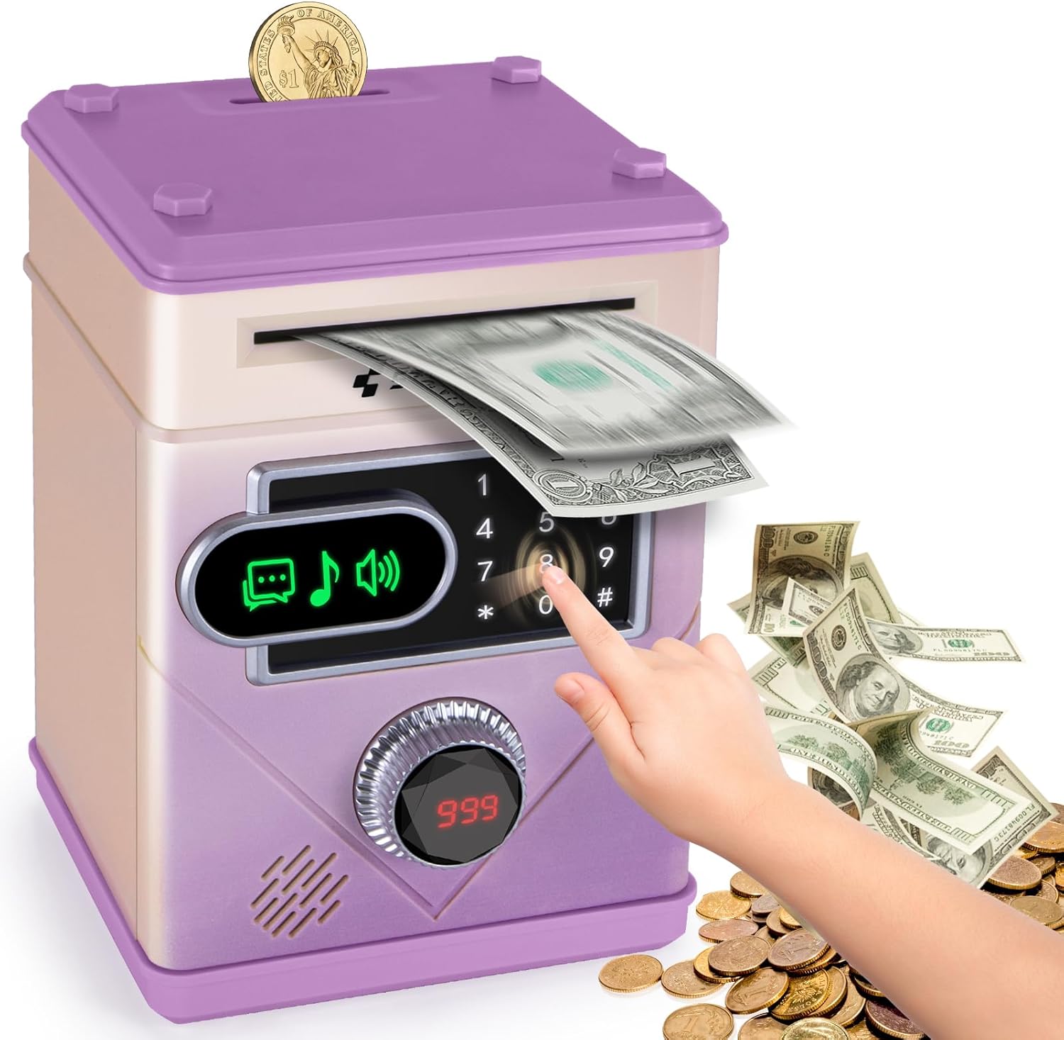Refasy ATM Piggy Bank, Touchscreen Piggy Bank Toy with Music, Electronic Money Bank Cash Coin Can for Kids Age 3 4 5 6 7 8 9, Password Coin Bank Gifts Toys for Boys Girls Birthday (Gradient Purple)