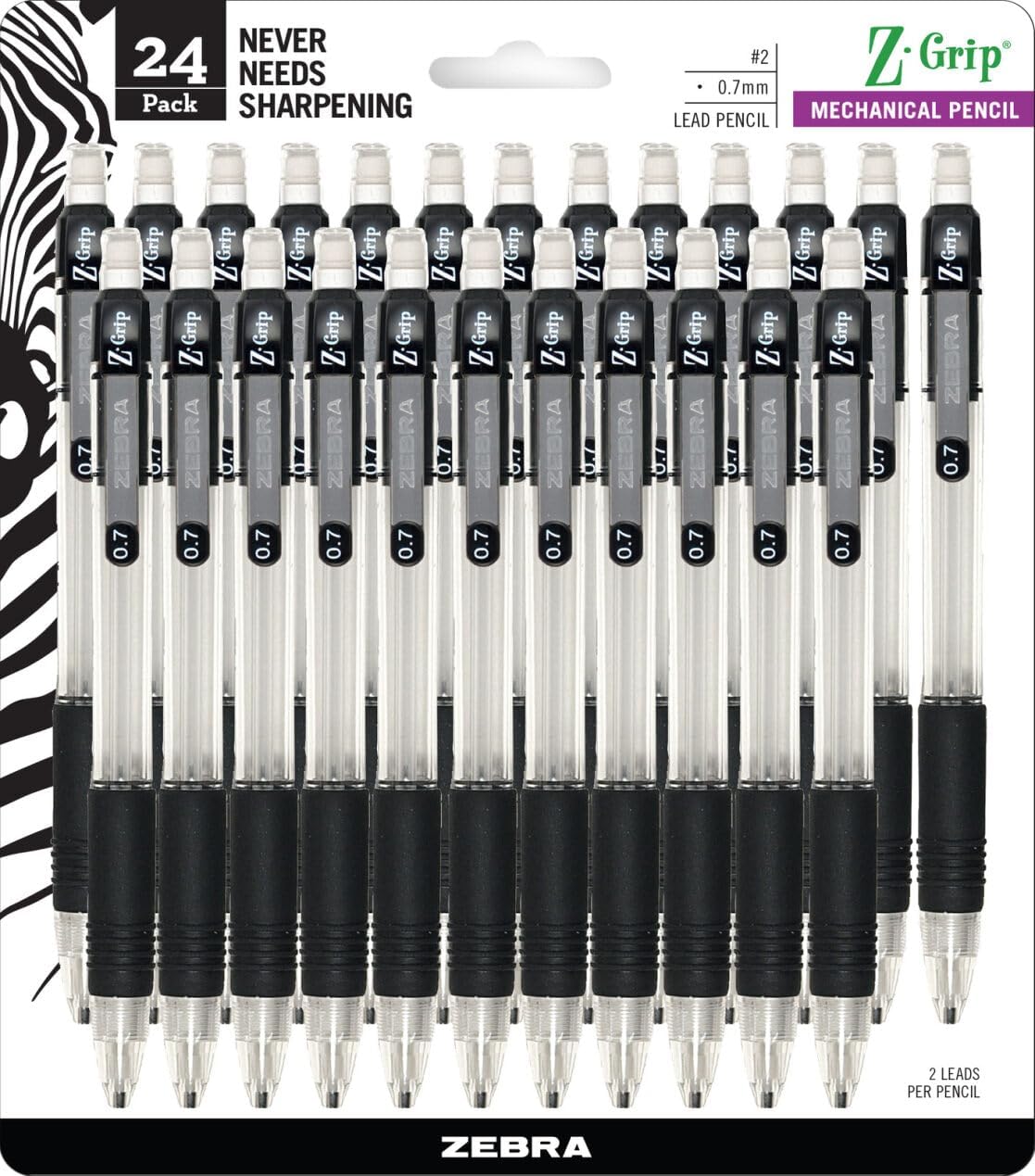Zebra Pen Z-Grip Mechanical Pencils, 0.7mm Point Size, HB #2 Graphite, School Supplies and Teacher Supplies, Clear Barrel, 24-Pack (15241)