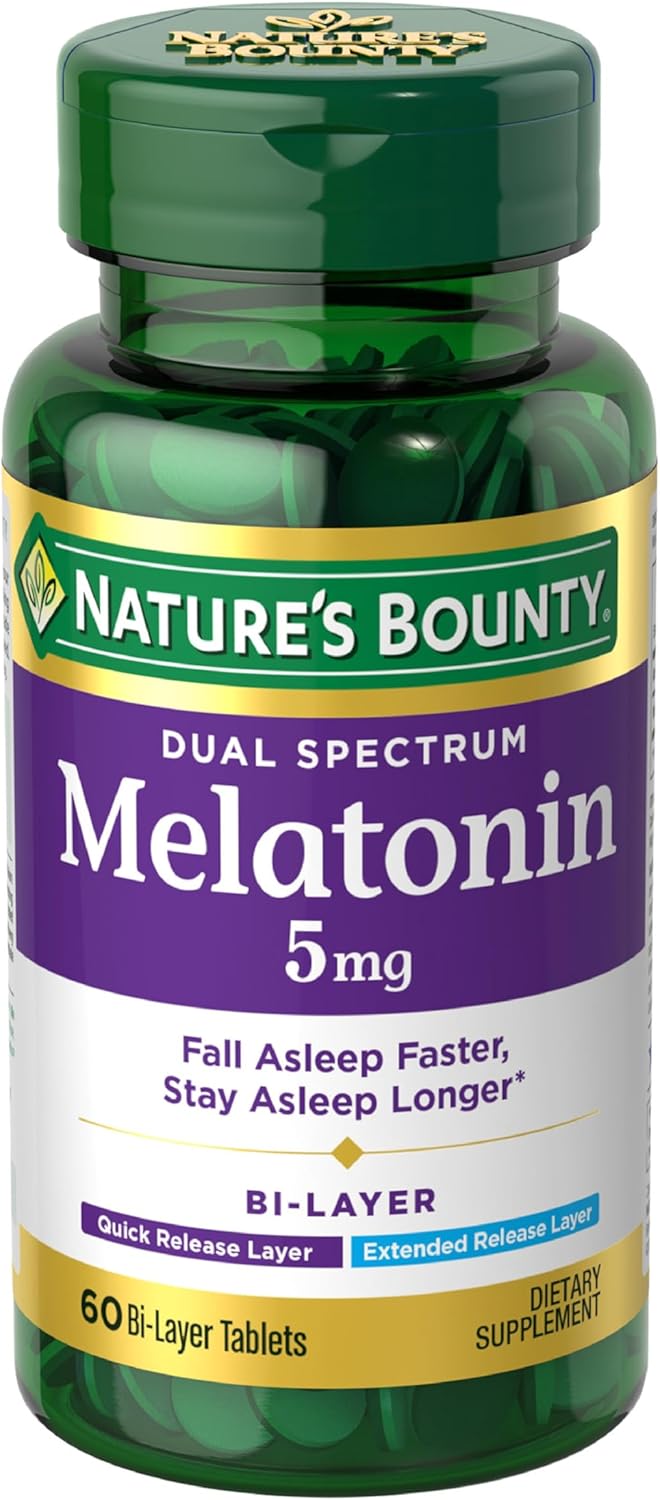 Nature's Bounty Melatonin 5mg Dual Spectrum, 100% Drug Free Sleep Supplement, Quick Release and Extended Release, Promotes Relaxation and Sleep Health, 60 Bi-Layer Tablets