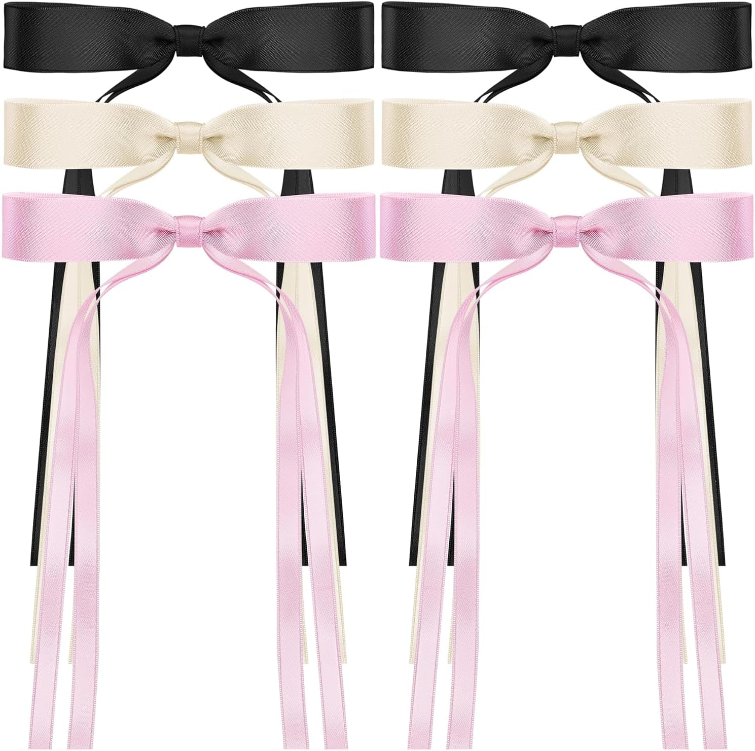 6Pcs Hair Bows for Women, Satin Ribbon Hair Bows with Metal Clips, Tassel Bowknot Hair Clips with Long Tail, Hair Barrettes with Bow Accessories(Black,Pink,Beige)