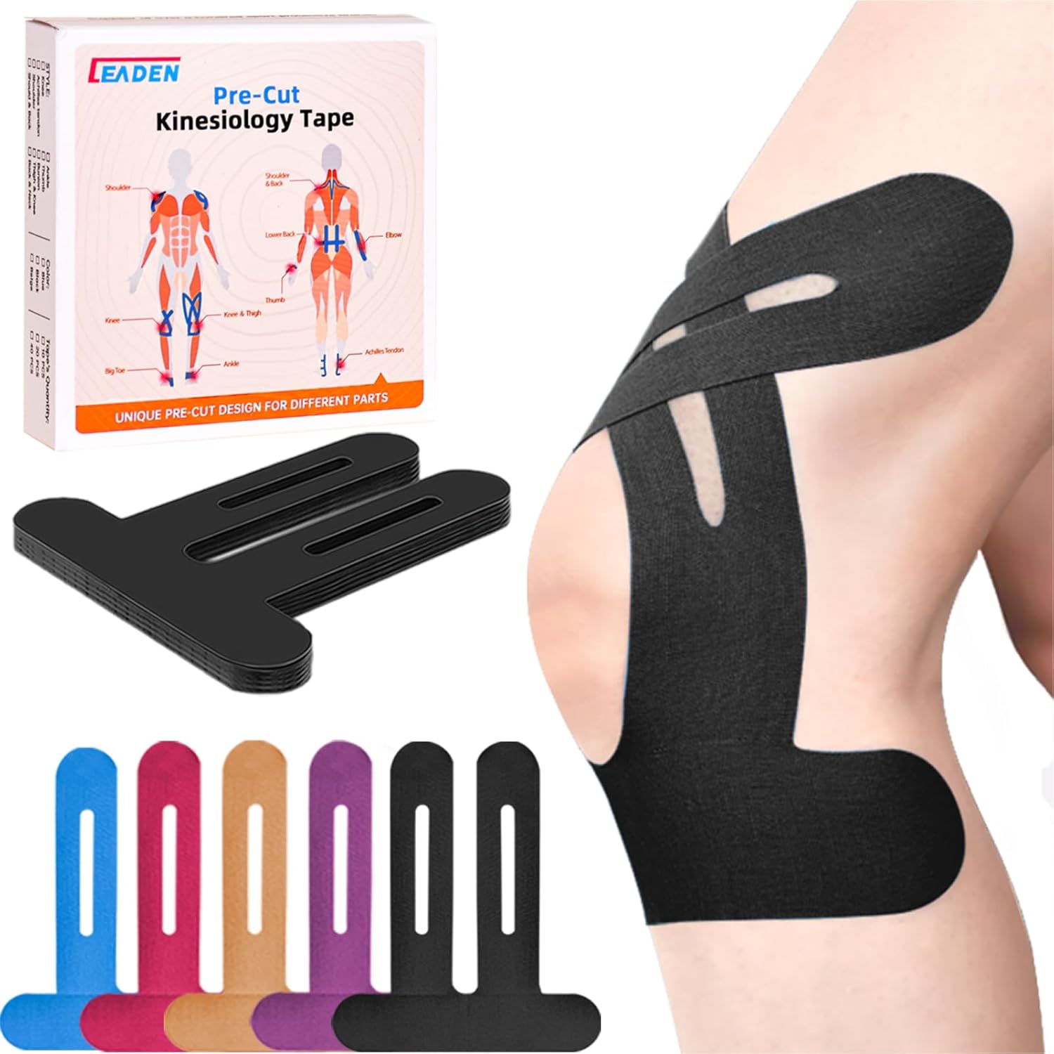 IEADEN Precut Kinesiology Tape for Knees, 10 Pcs - Knee Support & Stability, Knee Pain Relief Athletic Tape - Waterproof & Elastic, Breathable Hypoallergenic Latex-Free Tape, Black