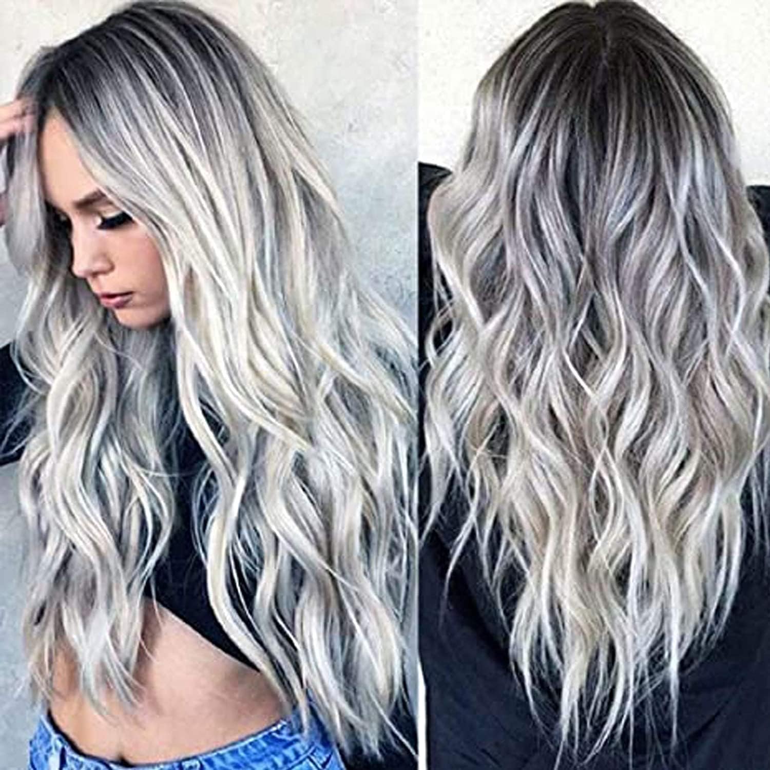 PORSMEER Long Ombre Silver Grey Wavy Curly Wig Middle Part 26 Inch for Women Natural Synthetic Hair Heat Resistant Fiber,Halloween Costume Wigs For Women
