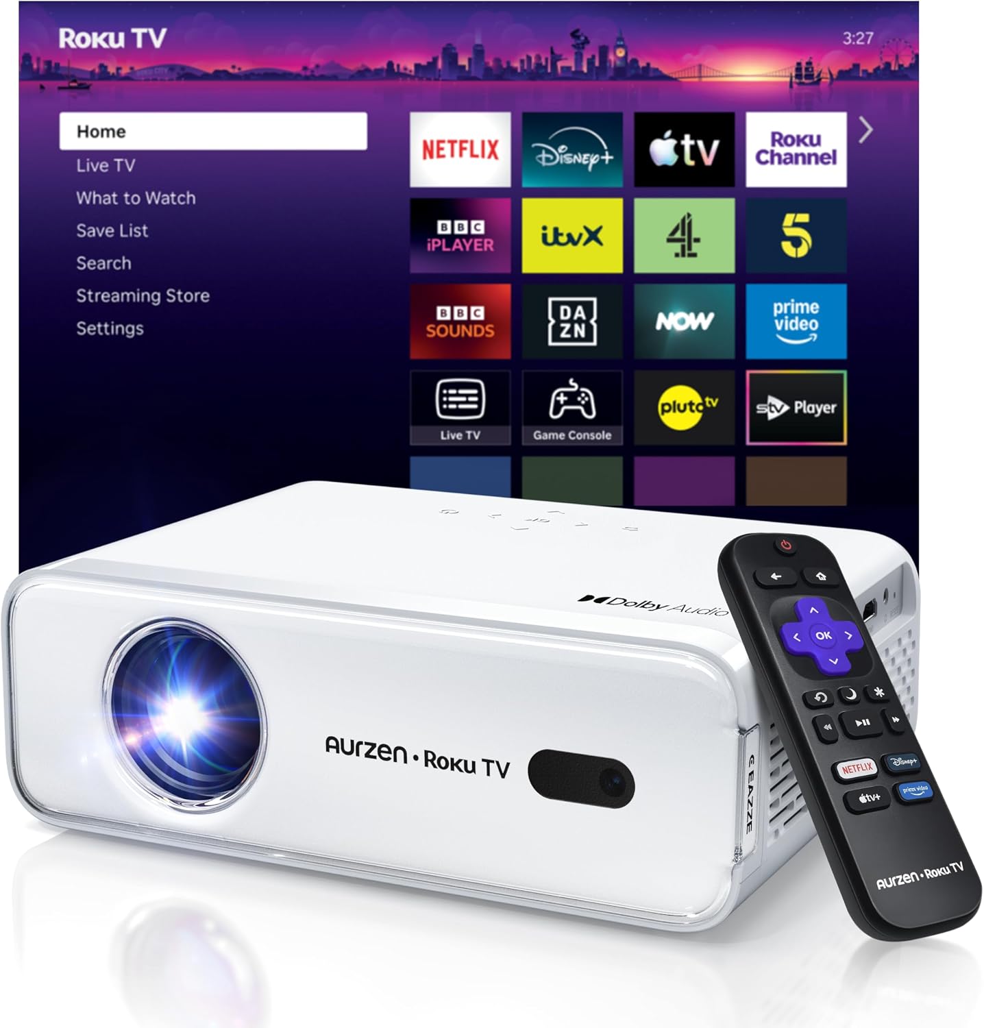 Aurzen Roku TV Projector for Bedroom, Roku Streaming Experience Built-in | 1080P FHD, Dolby Audio, Auto Focus & Keystone, Zoom, Portable Mini Projector for Outdoor Movie, White
