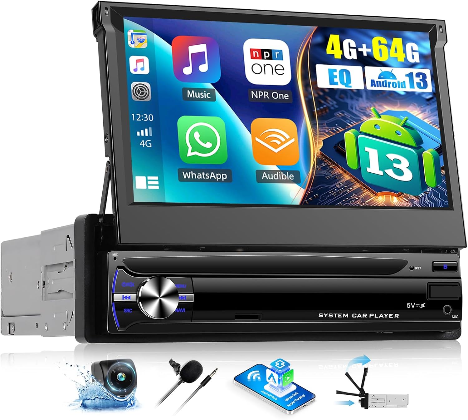 OiLiehu 4G+64G Android 13 Single Din Car Stereo with Wireless CarPlay Android Auto, 1 Din 7 inch Flip Out Touchscreen Radio with WiFi GPS Mirror Link Bluetooth FM RDS EQ SWC USB AHD Backup Camera