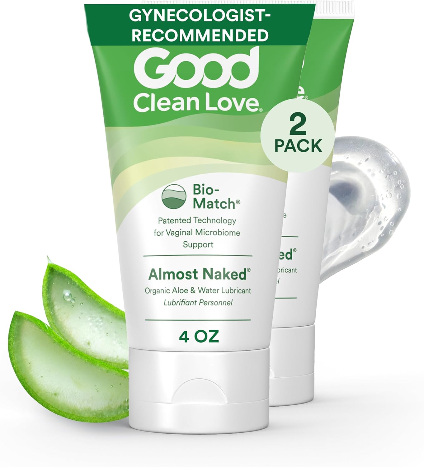 Good Clean Love Almost Naked Water-Based Lube, Personal Lubricant with Organic Aloe Vera, Safe for Adult Toys & Condoms, pH-Balanced, Clean Intimate Wellness Gel for Men & Women, 4 Oz (2-Pack)