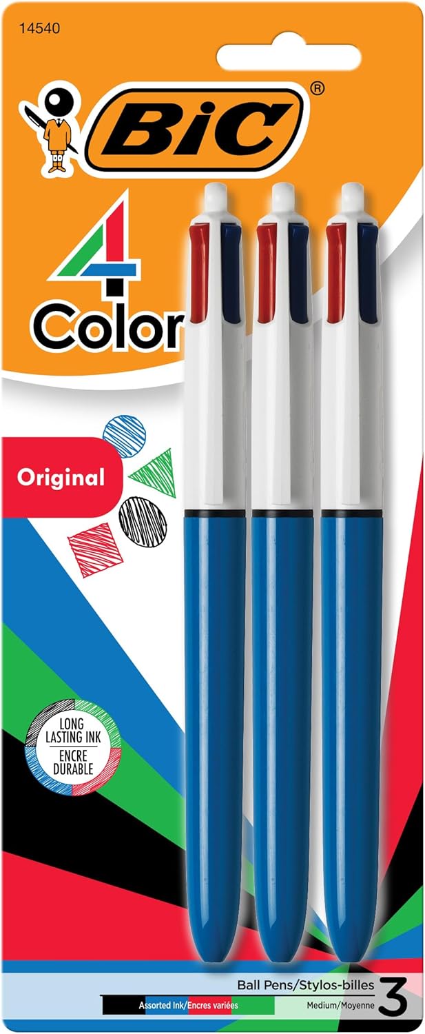 BIC 4-Color Original Retractable Ball Pens, Medium Point (1.0mm), 3-Count Pack, Retractable Ball Pen With Long-Lasting Ink