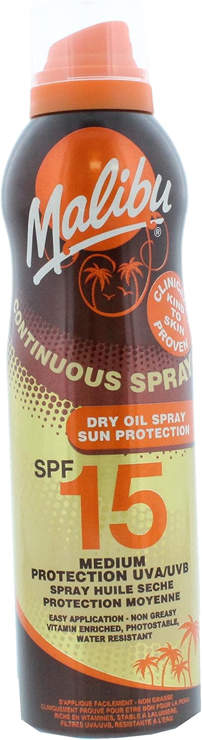 Malibu Sun SPF 15 Continuous Dry Oil Spray for Tanning with Shea Butter Extract, Medium Protection, Water Resistant, 175ml