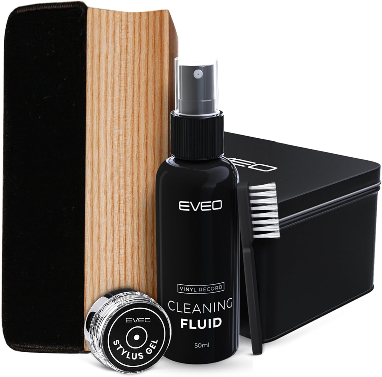 EVEO Vinyl Record Cleaning Kit - 4-in-1 Premium Vinyl Record Cleaner & Vinyl Cleaning Kit with Velvet Brush, Vinyl Cleaner Liquid, Duster & Turntable Stylus Gel