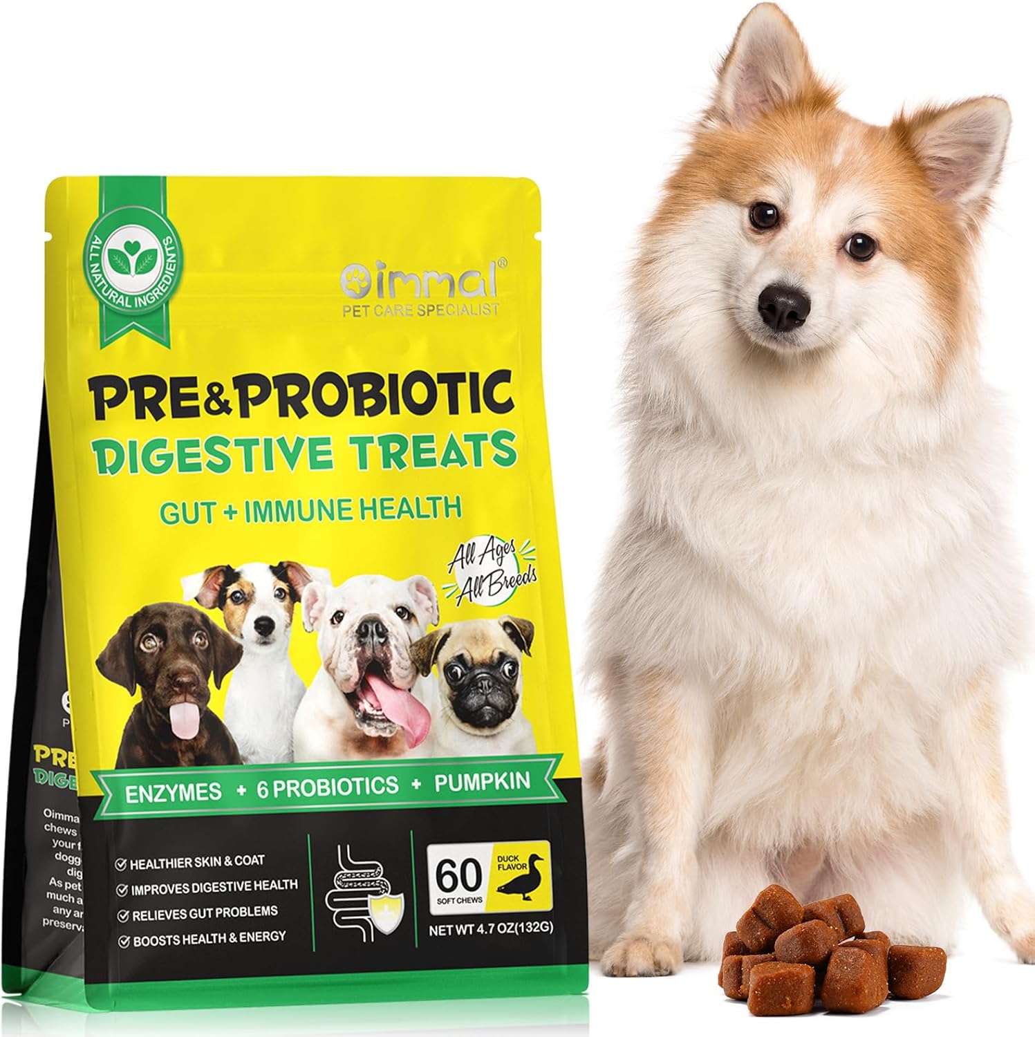 Probiotics for Dogs,Pre & Probiotic Digestive Treats for Dogs,Support Gut Health,Digestive and Immunity,Boost Heatlth & Energy for All Ages and Breeds 60 Chews Duck Flavor