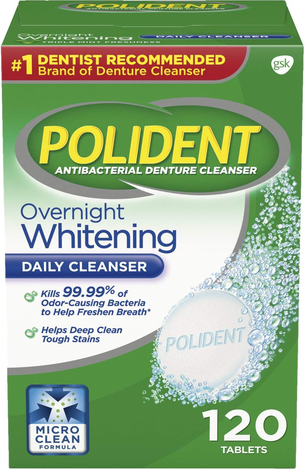 Polident Overnight Whitening Denture Cleanser 120 Tablets (Pack of 2)