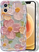 EYZUTAK Case for iPhone 12, Colorful Retro Oil Painting Printed Flower Laser Beam Glossy Pattern Cute Curly Waves Border Exquisite Phone Cover Stylish Durable TPU Protective Case for Girls Women-Green