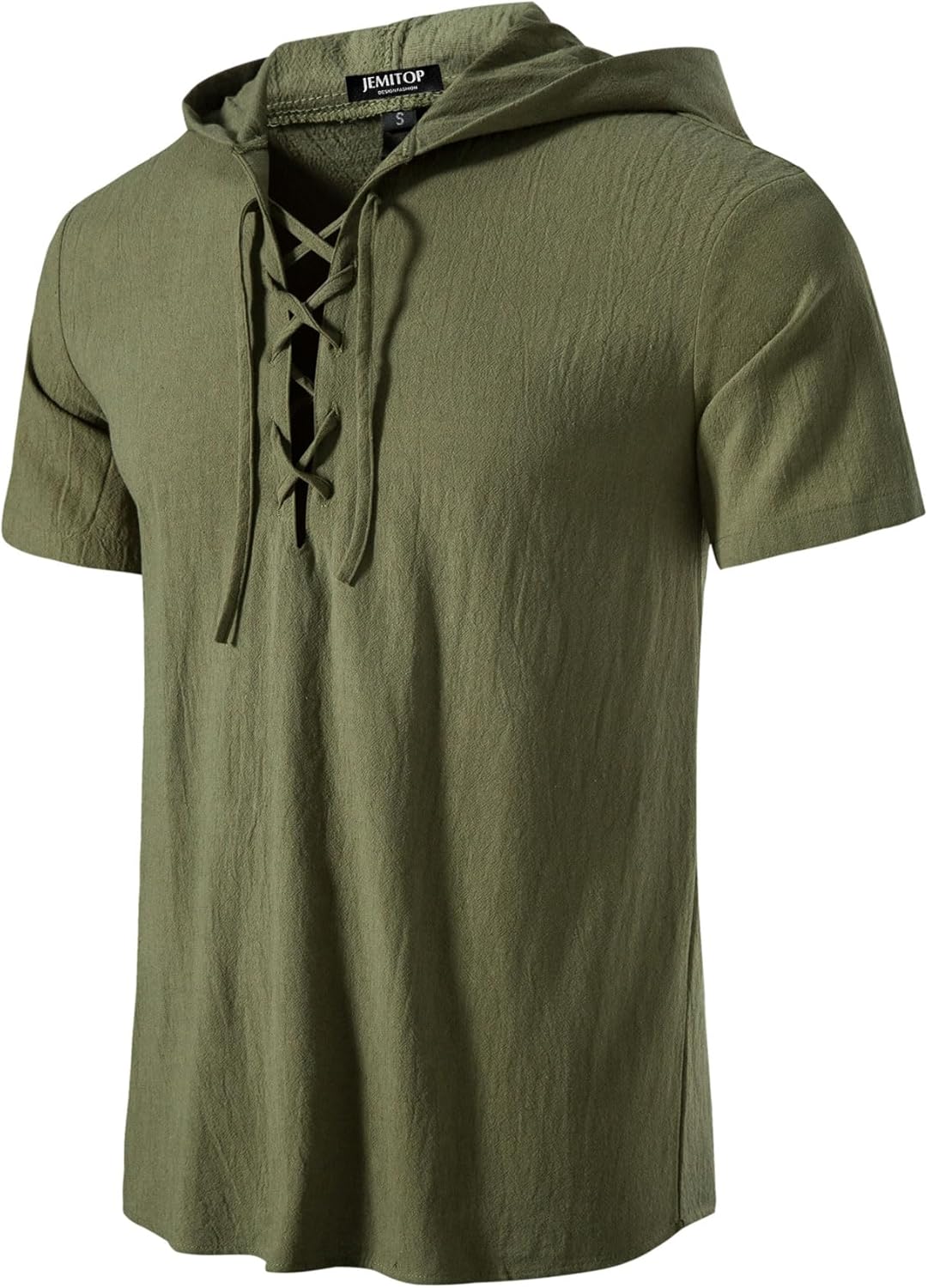 Men's Cotton Vintage Hooded Design Short Sleeve Lace up Shirts for Renaissance Pirate Viking Medieval Costume