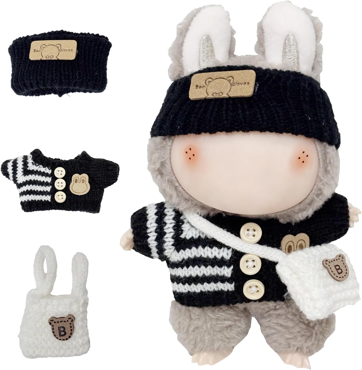 Clothes for Labubu 17cm Labubu Accessories Crochet 3 Piece Set Outfits for Labubu (Black Sweater)