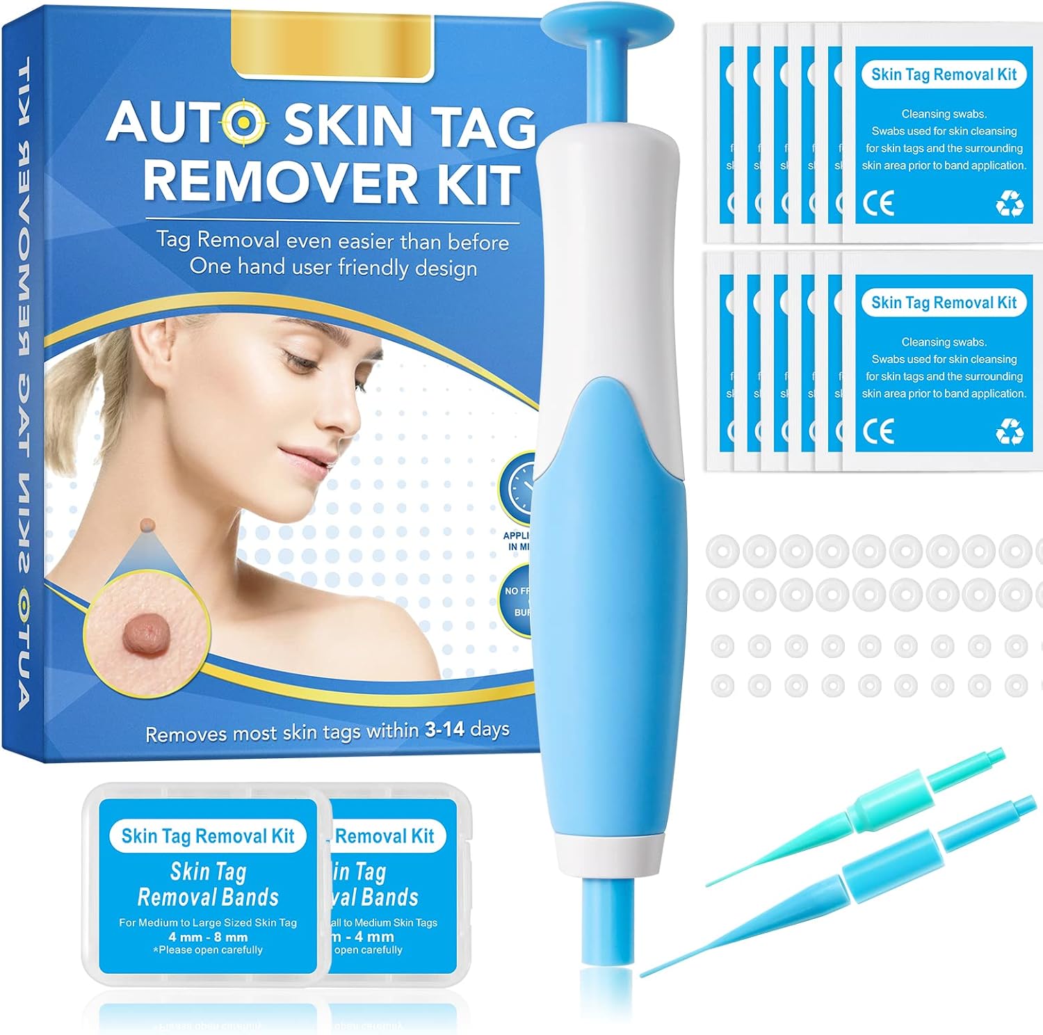 Auto Skin Tag Remover Kit for Face & Body, Upgraded Fast and Easy Removal Pen for Small to Large Size 2mm-8mm, Safe and Painless Clear Skin Tag & Mole, with 40 Removal Bands & 10 Cleansing Wipes
