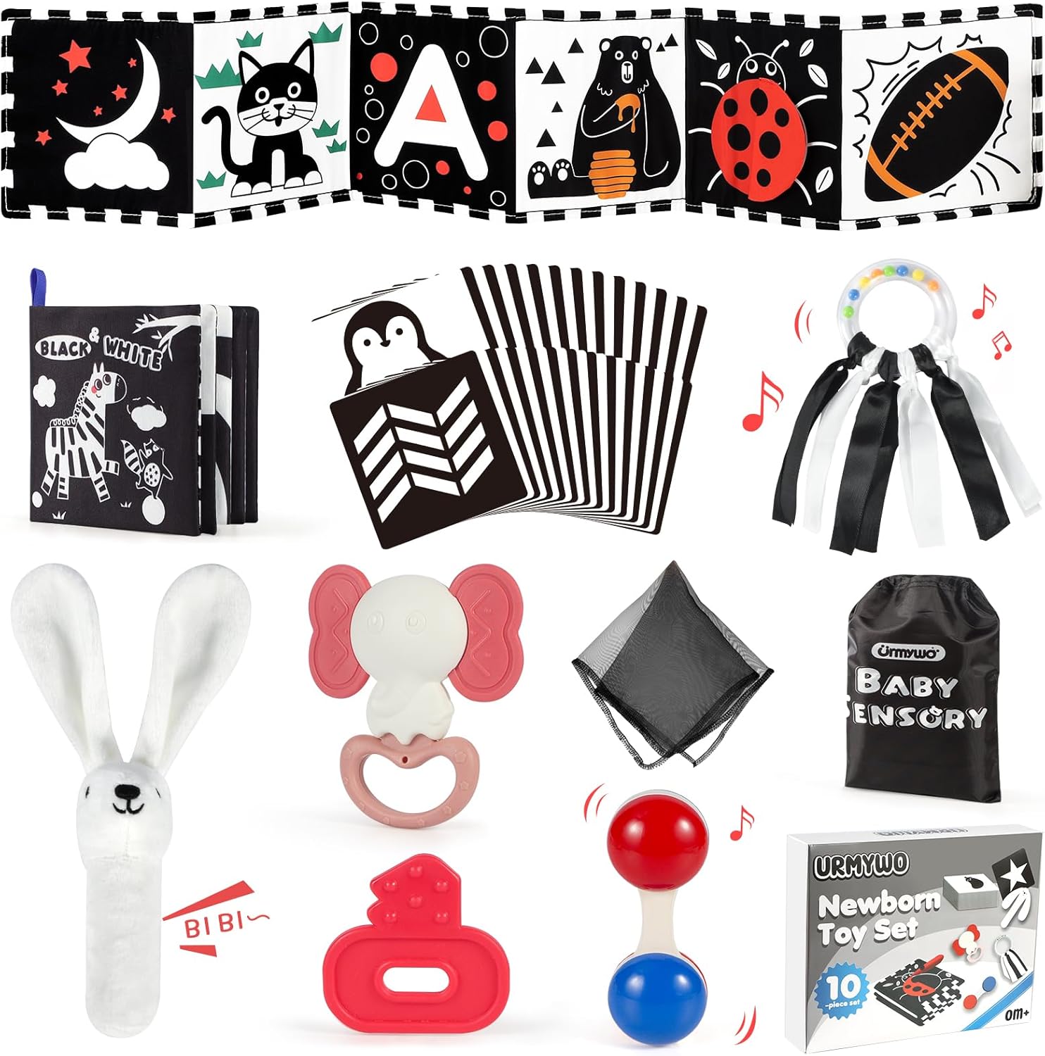 High Contrast Baby Toys for Newborn - Black and White Infant Newborn Sensory Toys 10 PCS - Rattle Teether Tummy Time for 0 3 6 Months, 0-12 Month Old Must Haves