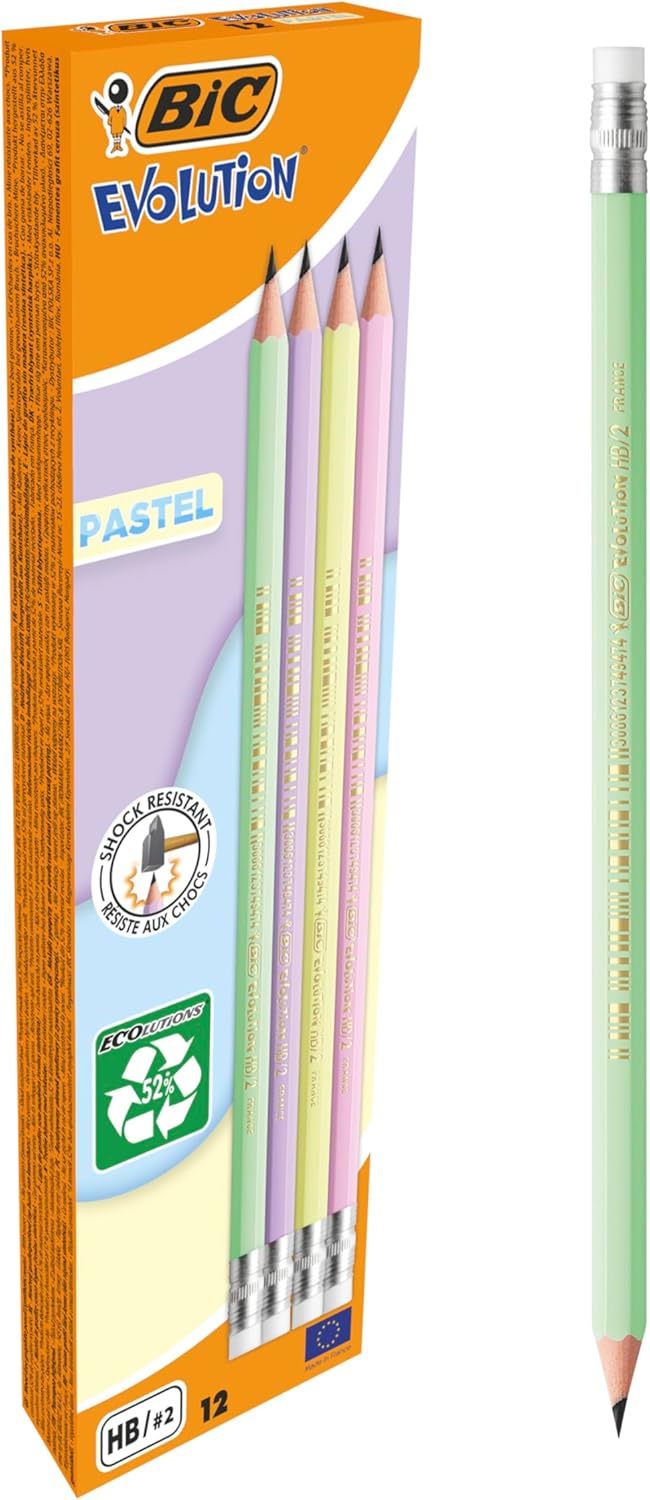 BIC Evolution Pastel Graphite Pencils with Eraser and Shock-Resistant HB Lead - 4 Different Barrel Colours, Pack of 12