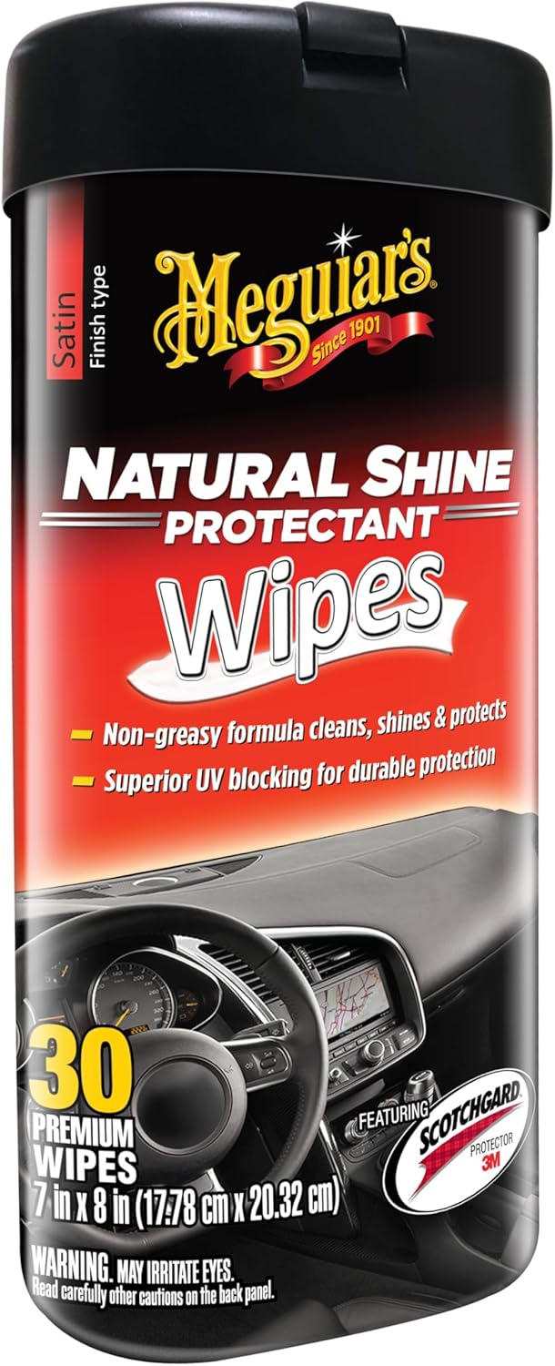 Meguiar's Natural Shine Protectant Wipes - 30 Full Size Car Care Wipes Clean and Protect Vinyl, Rubber, and Plastic Surfaces - Streak-Free Wipes with UV Protection and Leave a Satin, Non-Greasy Shine