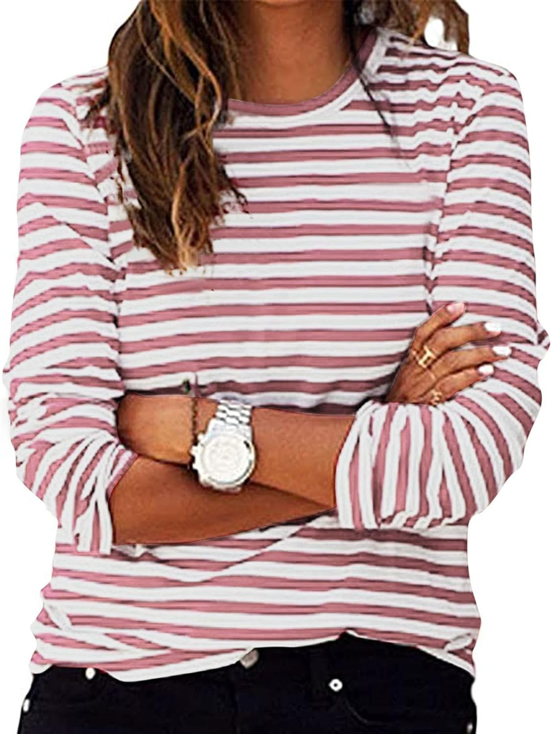 Ladies Striped Tops 2025 Spring Long Sleeve Crewneck Shirts UK Fashion Lightweight Pullover Blouse Dressy Casual Loose Fit Shirts Womens Comfy Going Out Tee Shirts