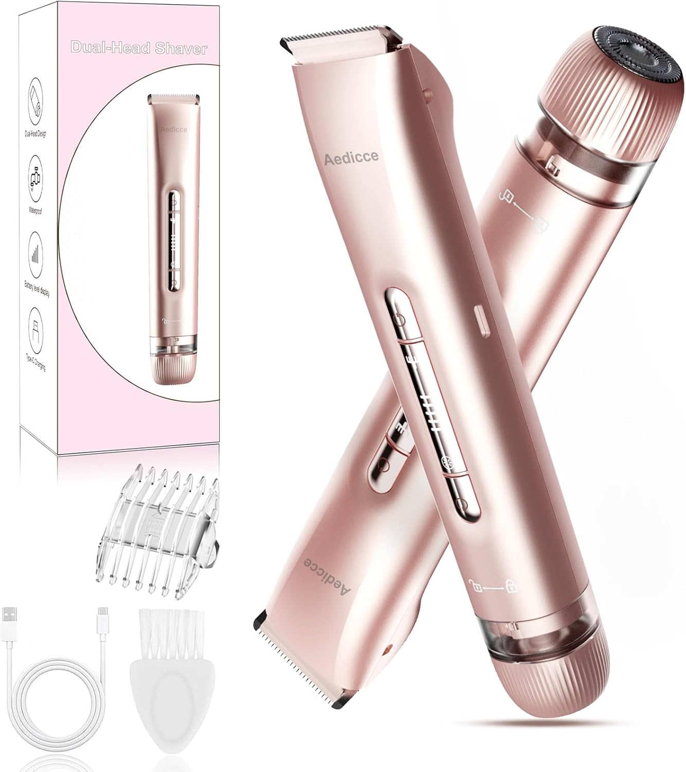 Bikini Trimmer for Women 2 in 1, Dual Head Womens Electric Shaver, Electric Razors for Pubic Hair, IPX7 Waterproof Rechargeable Facial Hair Removal for Shaving Underarm Leg Arm Body Face, Rose Gold
