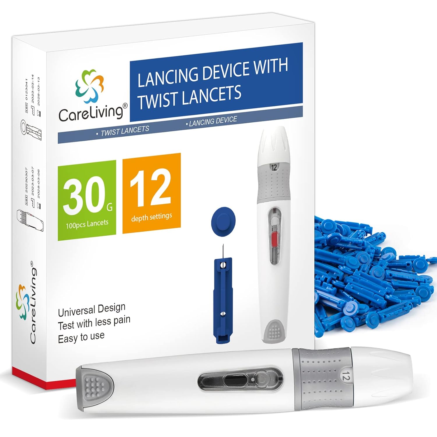 Lancing Device and 100 Lancets for Diabetes Testing, Single Use, 30 Gauge Lancets, for Minimizing Pain and Discomfort