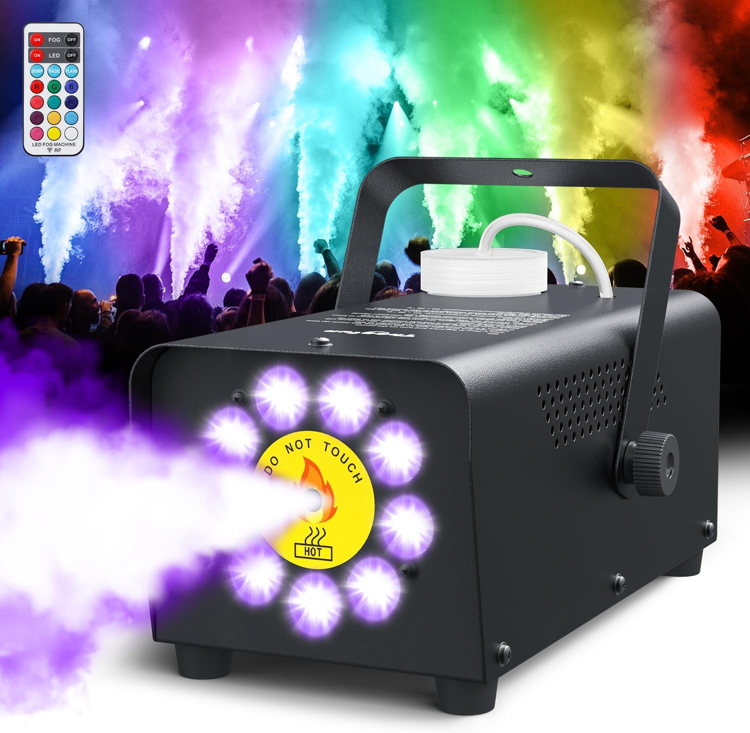 Smoke Machine, Theefun Fog Machine 2500CFM with 9 LED 12 Color Lights Strobe Effect Portable 350ml Big Tank Capacity Stage Smoke Machine Fog Indoor with Wireless Remote Control for Wedding DJ Party