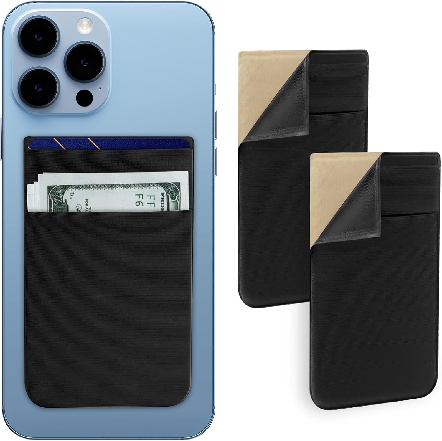 imluckies [2 Pack Self Adhesive Card Holder for Back of Phone, Double Stretchy Pocket Stick-On Wallet Sleeve, Credit ID Card Phone Wallet Compatible with iPhone/Samsung/All Smartphones, Black