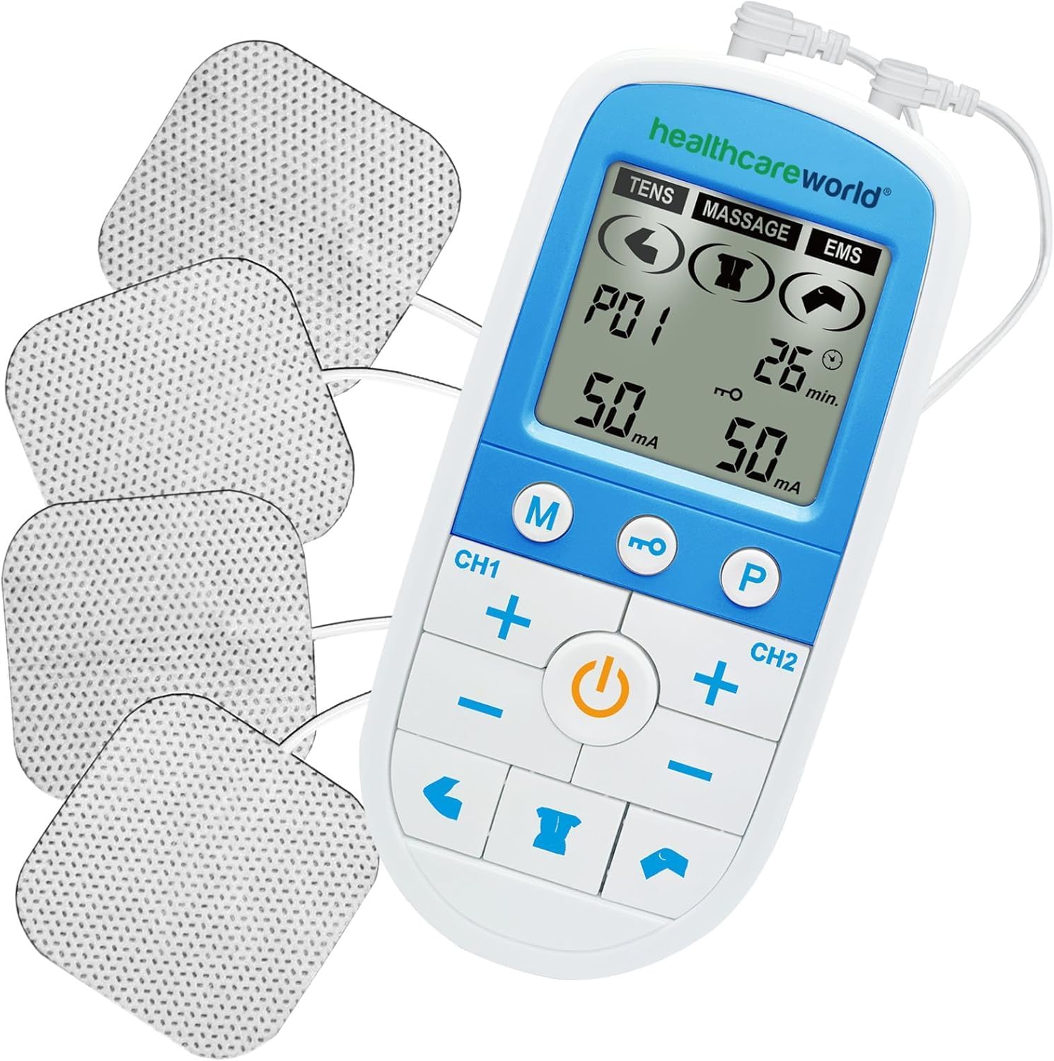 Digital TENS and EMS Machine | Drug-Free Natural Pain Relief | 3-in-1 Pain Relief, Rehabilitation and Massage | Dual Channel | 4-Self Adhesive Electrodes | Healthcare World