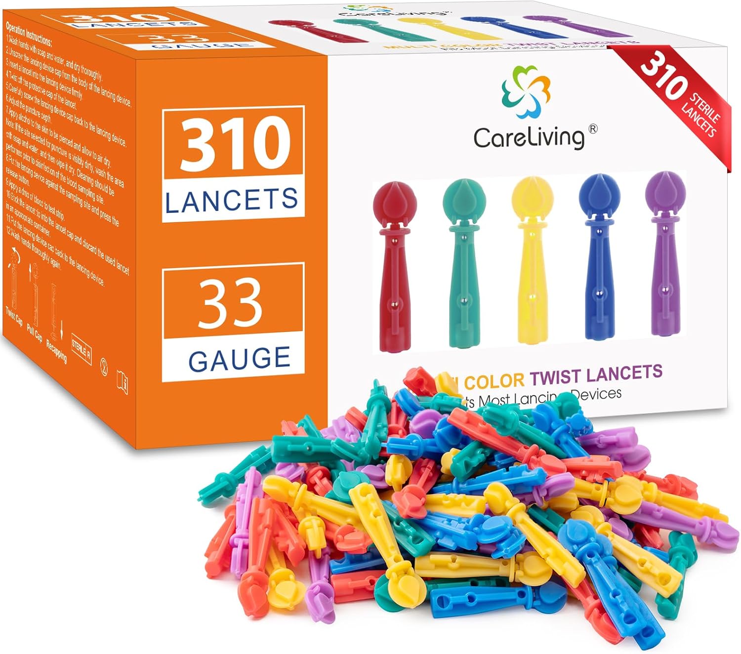 Blood Lancets for Diabetes Testing - 33 Gauge Diabetic Lancets for Blood Testing and Glucose Testing - Fits Most Lancing Devices - 310 Count (Colourful)