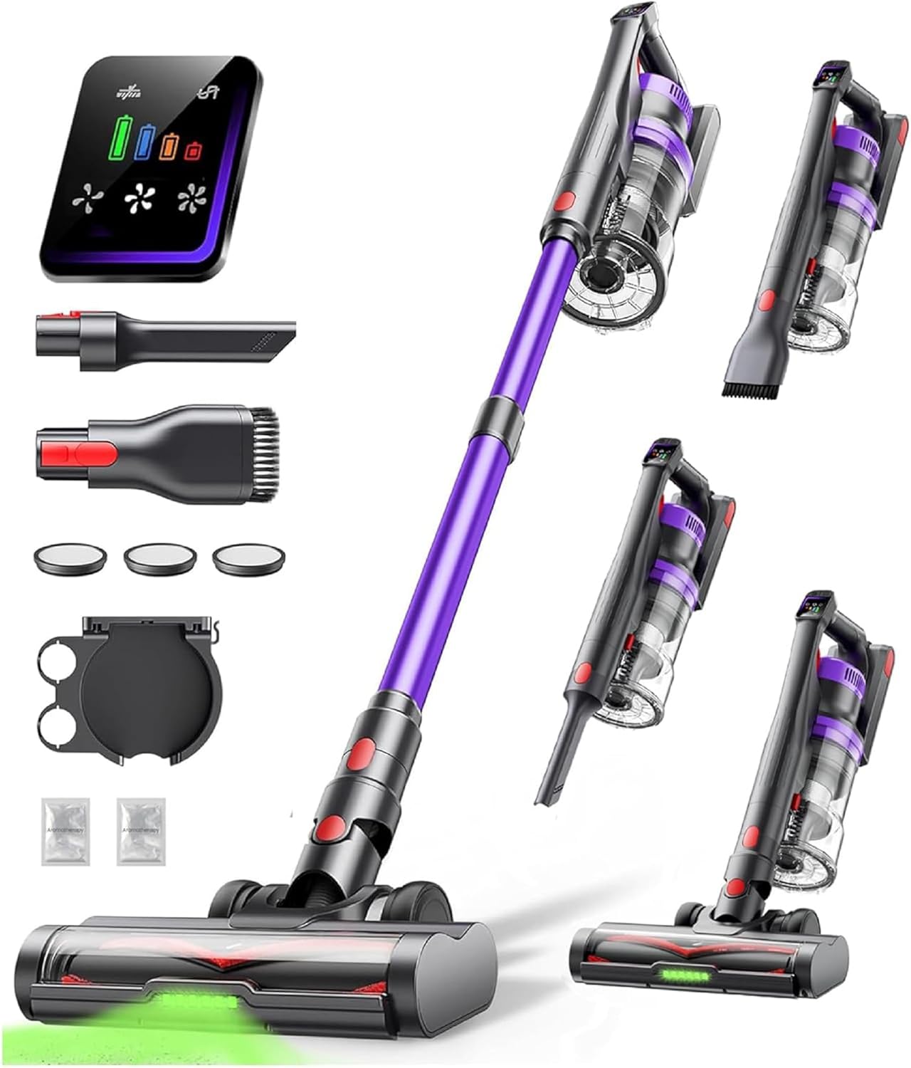 Cordless Vacuum Cleaner, 45KPa 600W Powerful Stick Vacuum for Home, 60Mins Runtime, 1.8L XL Dust Cup One-Touch Empty, Green LED Anti-Tangle Brush & Fragrance, for Pet Hair Carpet Hard Floor