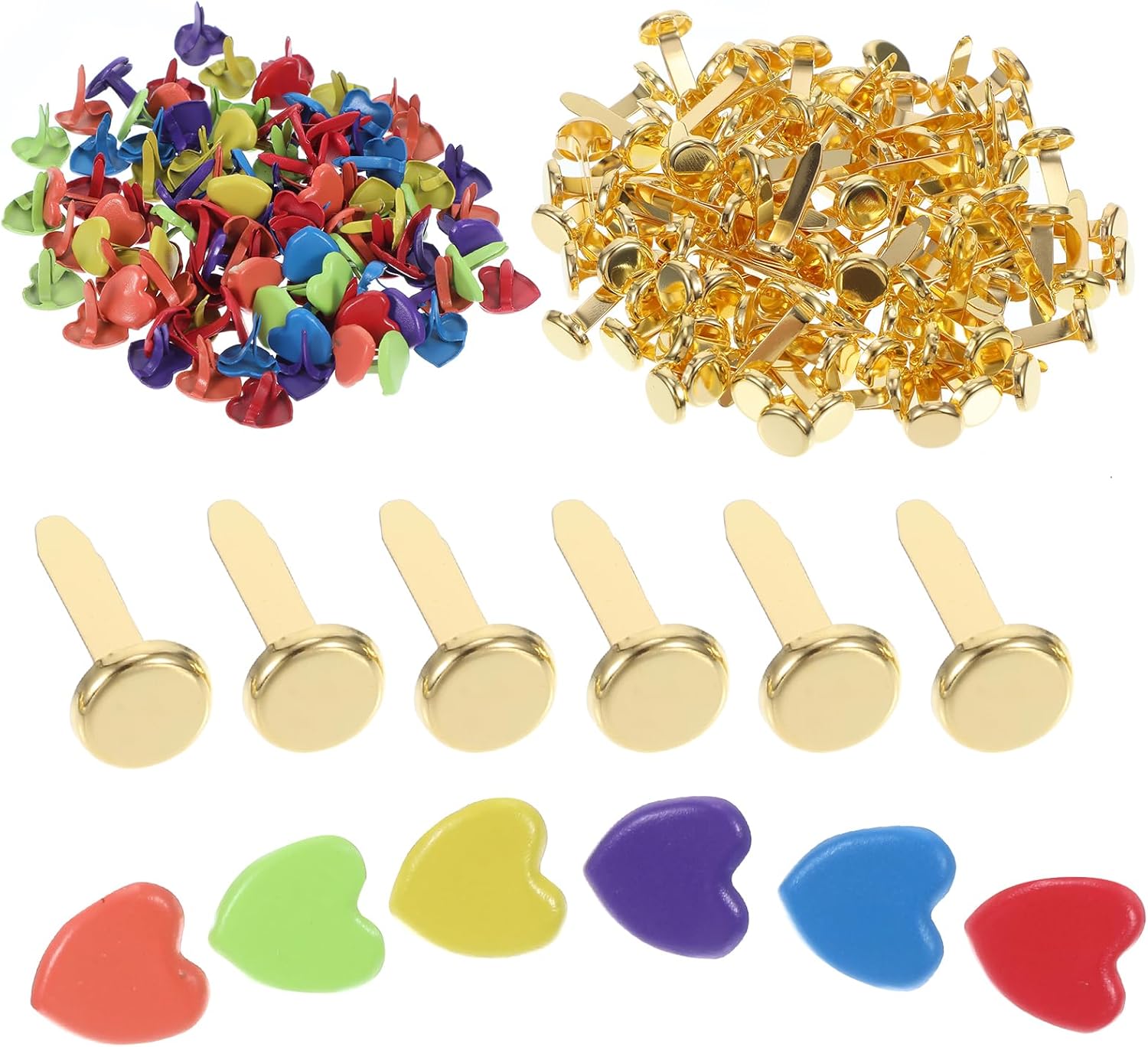 Ouligay 200 Pcs Brads Paper Fasteners,Heart Brads for Paper Crafts,Multicolor Split Pins for Crafts DIY Handicraft School Project Supplies Scrapbooking Office(Brass)