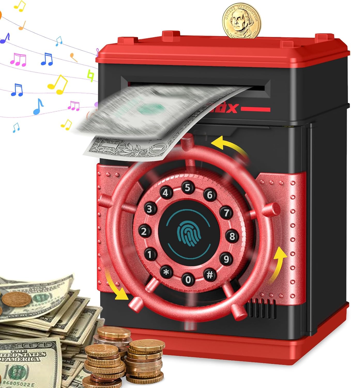 Refasy Electronic Piggy Bank for Kids, Cash Piggy Banks Turntable ATM Bank, Kids Safe Money Bank Coin Banks Money Safe, Birthday Gifts Toys for Age 3 4 5 6 7 8 9 10 12 Year Old Boys Girls (Red)