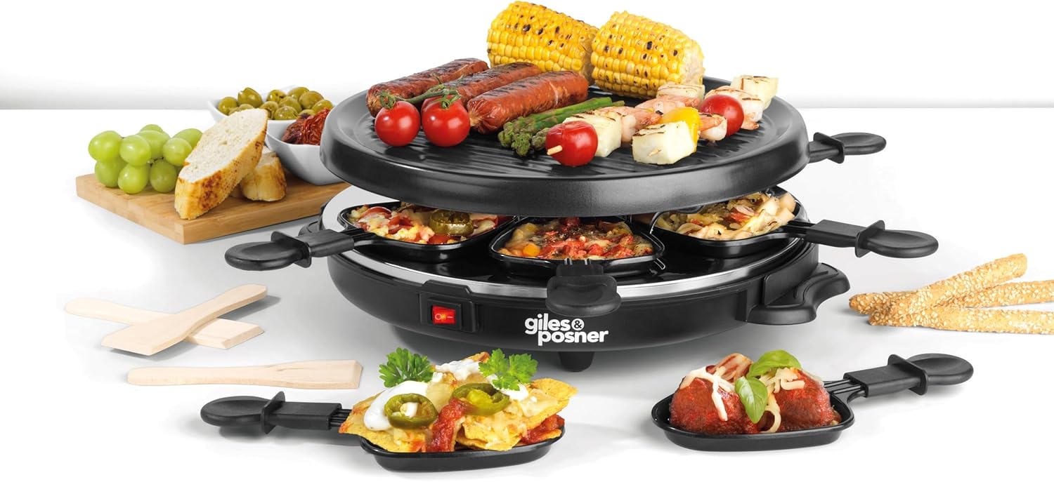Giles & Posner Electric Round Raclette Grill - Indoor Tabletop 6 Person Raclette, Non-Stick Grill Pans, Includes Spatulas, Approx. Plate Size 29 cm, 800 W, Party Food Machine, Buffet