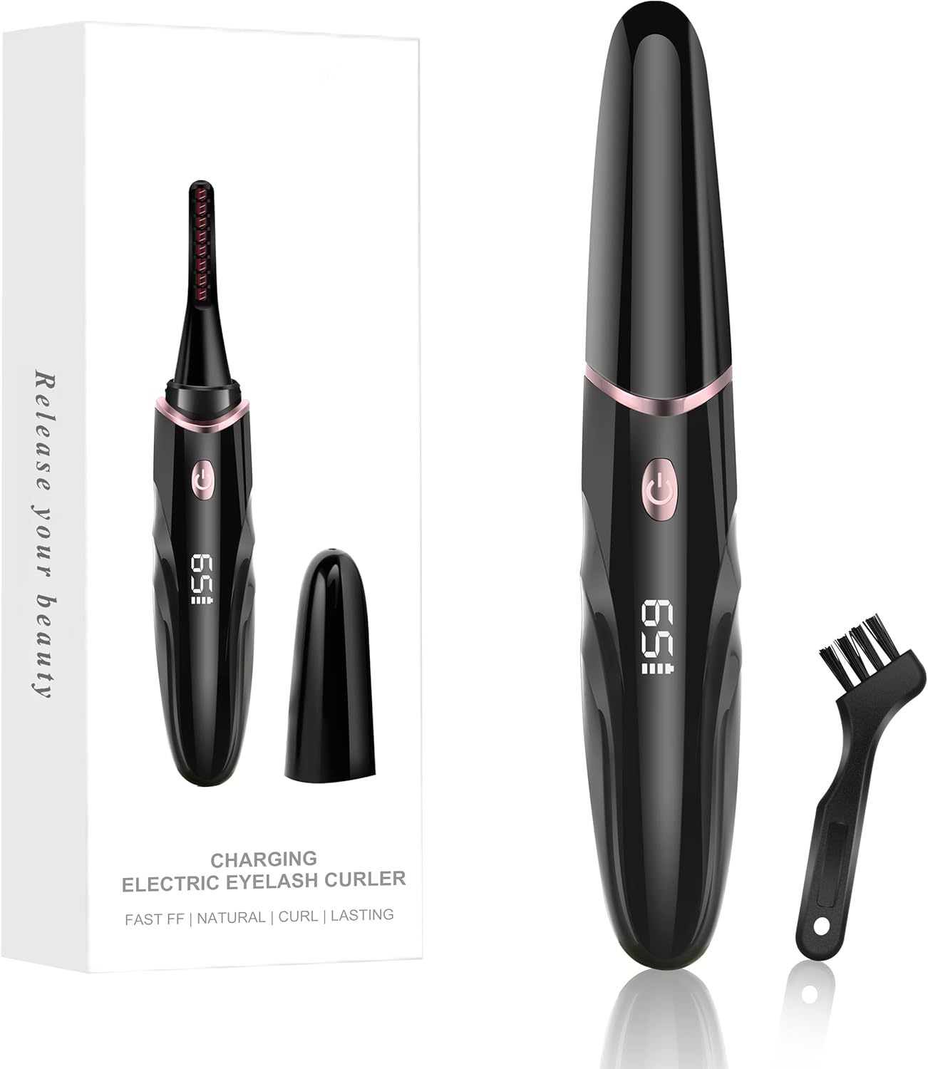 Heated Eyelash Curler Rechargeable Electric Eye Lash Curlers 8 Seconds Heat Up 4 Temp Settings, LED Display（Black）